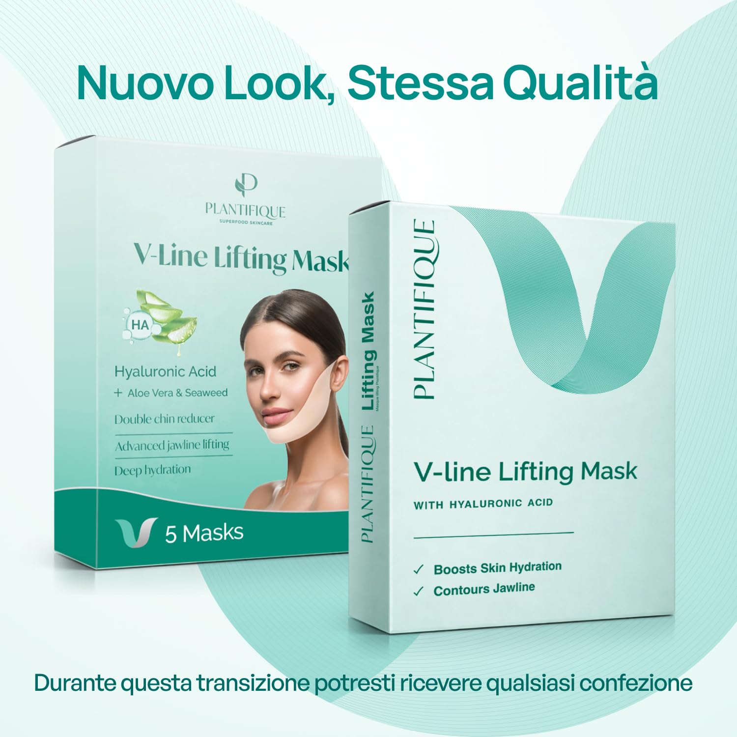 PLANTIFIQUE Doppio Mento Cintura Viso V-Line | Maschere Rassodanti per un Contorno Viso Scolpito e Tonico | Soluzione Naturale per un Aspetto Giovane e Fresco | 5 Maschere