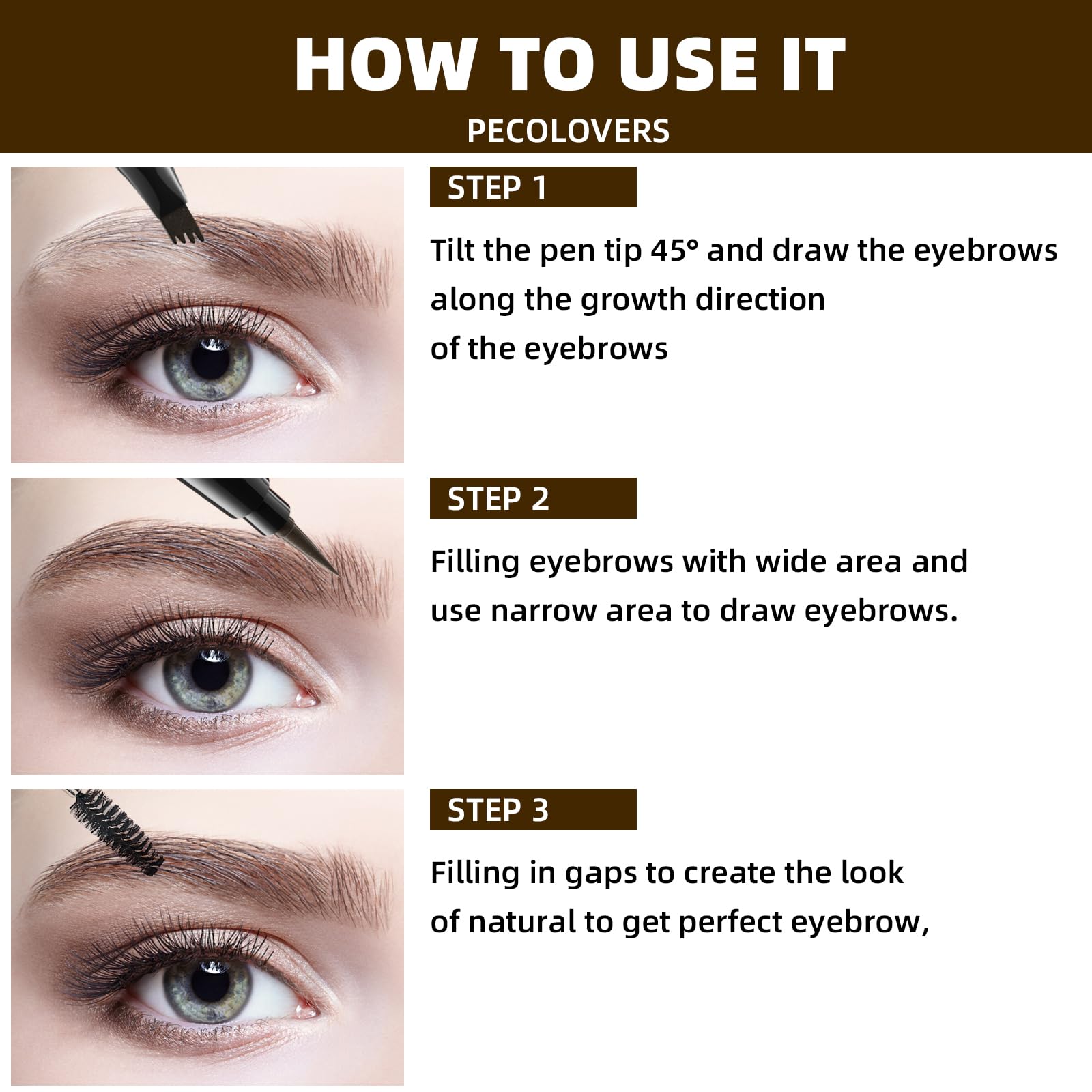 Matita per sopracciglia impermeabile, matita per sopracciglia microblading 2 in 1 a doppia estremità, lunga durata, anti-sbavature Penna per sopracciglia liquida ad asciugatura rapida (Marrone scuro)