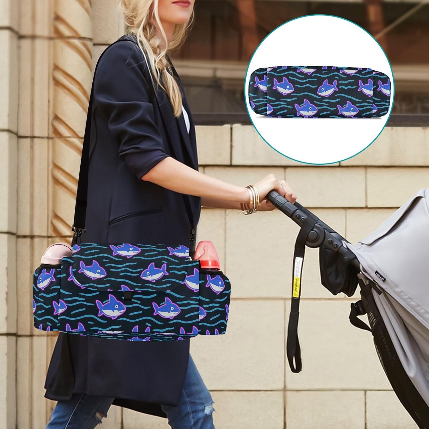 Fluorescent fish sea Wave Pattern stroller organizer and cup holder baby caddy organizer large strollers acesorios para baby accesorios para carro