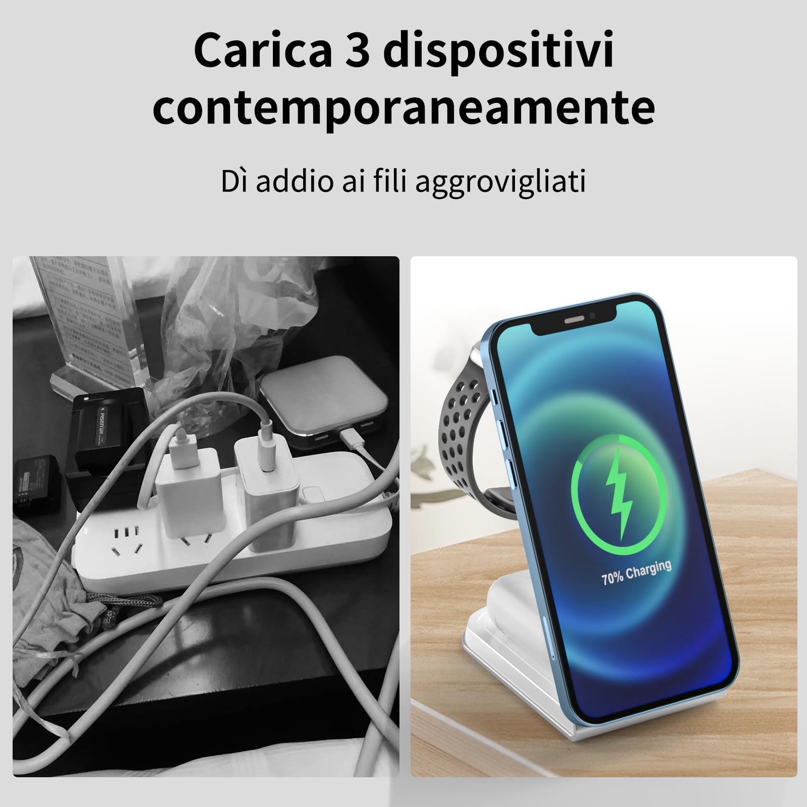 Oramkyo Caricatore Wireless Stazione, Caricatore wireless 3 in 1, 15W Ricarica Wireless Charger Stand per iPhon serie 15/14/13/12, Serie iWath, Airpod 3/2/Pro(20W Adattatore)