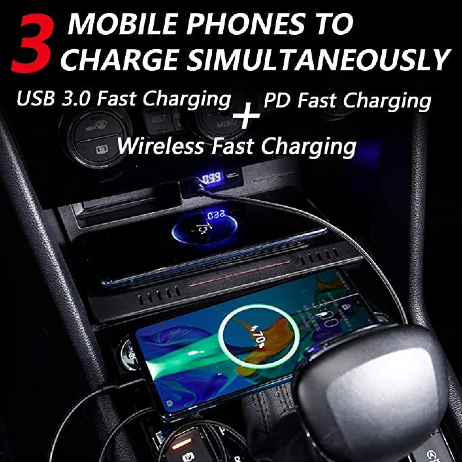 Cargador de coche inalámbrico Qi rápido de 15 W [sentido electromagnético] almohadilla de carga inalámbrica para VW TI-GUAN 2018 2019 2020 2021 Panel de accesorios de consola central con USB QC3.