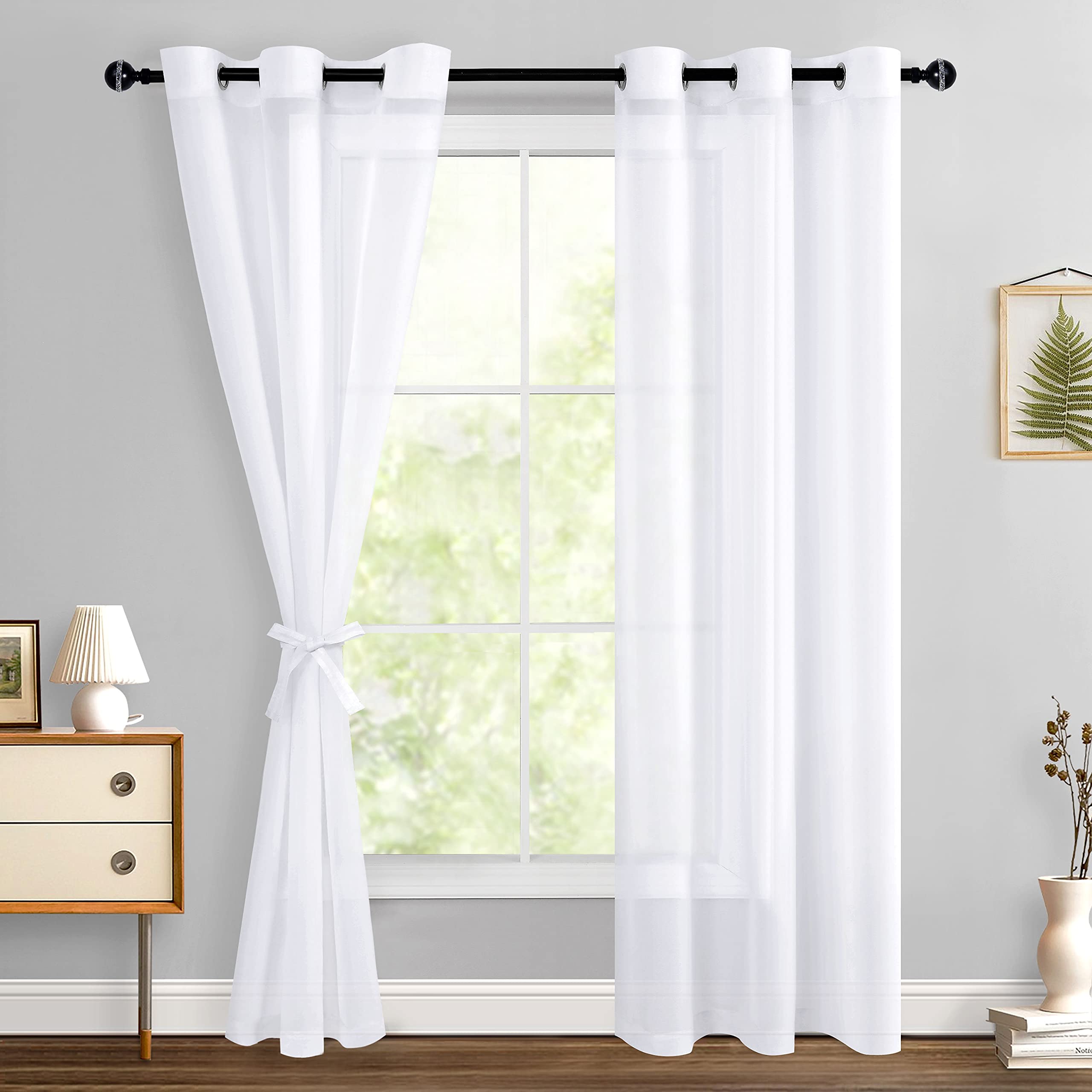 Hiasan White Sheer Curtains 84 Inches Long with Tiebacks, Lightweight and Light Filtering Voile Drapes Extra Long Grommet Window Curtains for Bedroom, Living Room, Patio Door, W42 x L84, 2 Panels