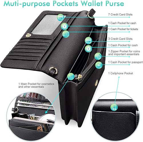 Vista 3 de nuoku - Bolso bandolera pequeño para mujer con ranuras para tarjetas RFID, 2 correas