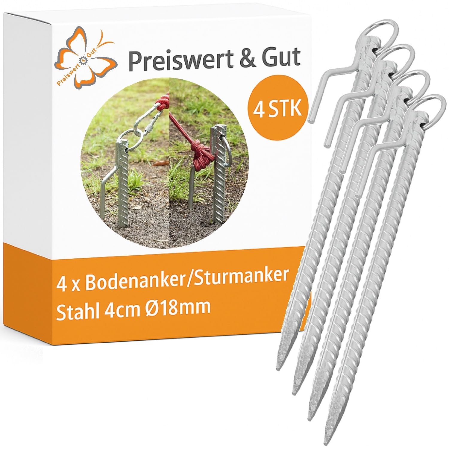 Preiswert&Gut 4 x Zeltheringe 41cm Ø18mm aus Stahl – stabile Heringe Erdanker mit Haken & Ring – Bodenanker für Camping, Vorzelt, Markise – Zubehör für Harte Böden & Sturm Sport & Freizeit
