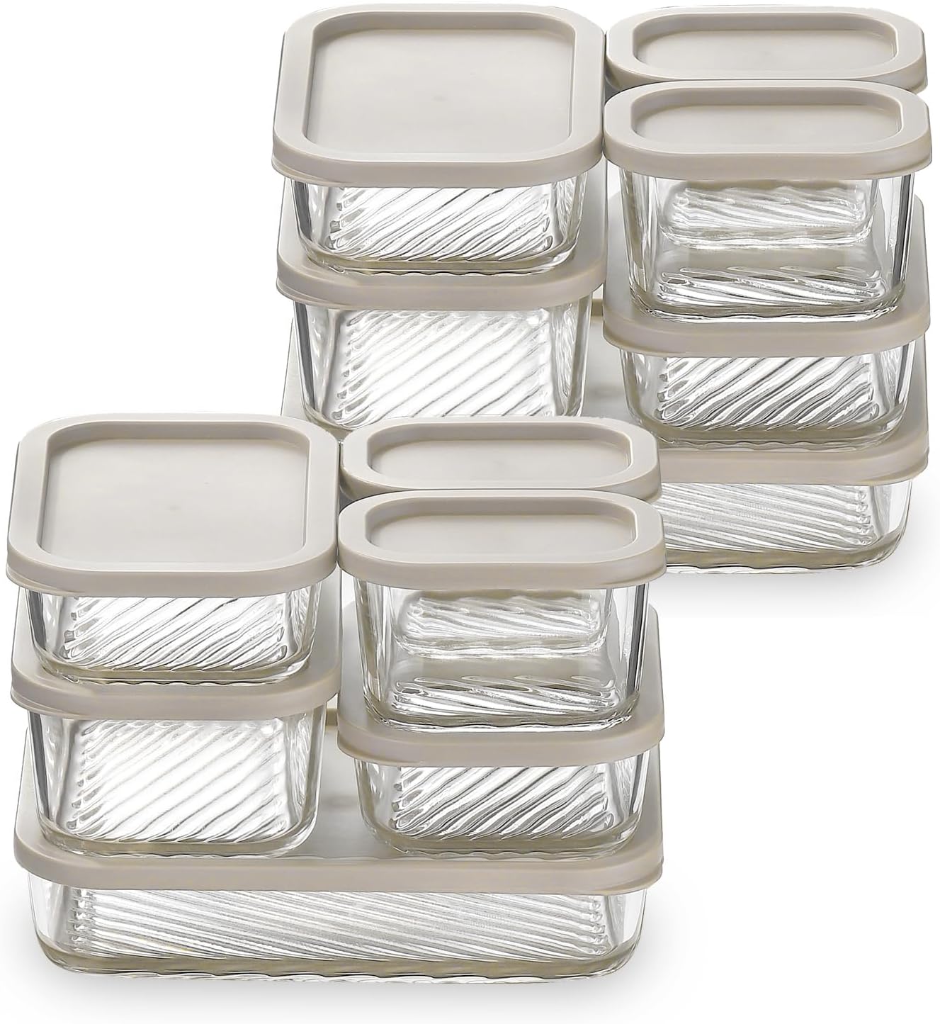 EATEX 12 Pack Glass Meal Prep Containers with Grooved Base, 12 Stackable BPA Free Glass Storage Containers with Lids for Lunch, Pantry, and Kitchen - Microwave, Dishwasher Freezer & Oven Safe - Cream