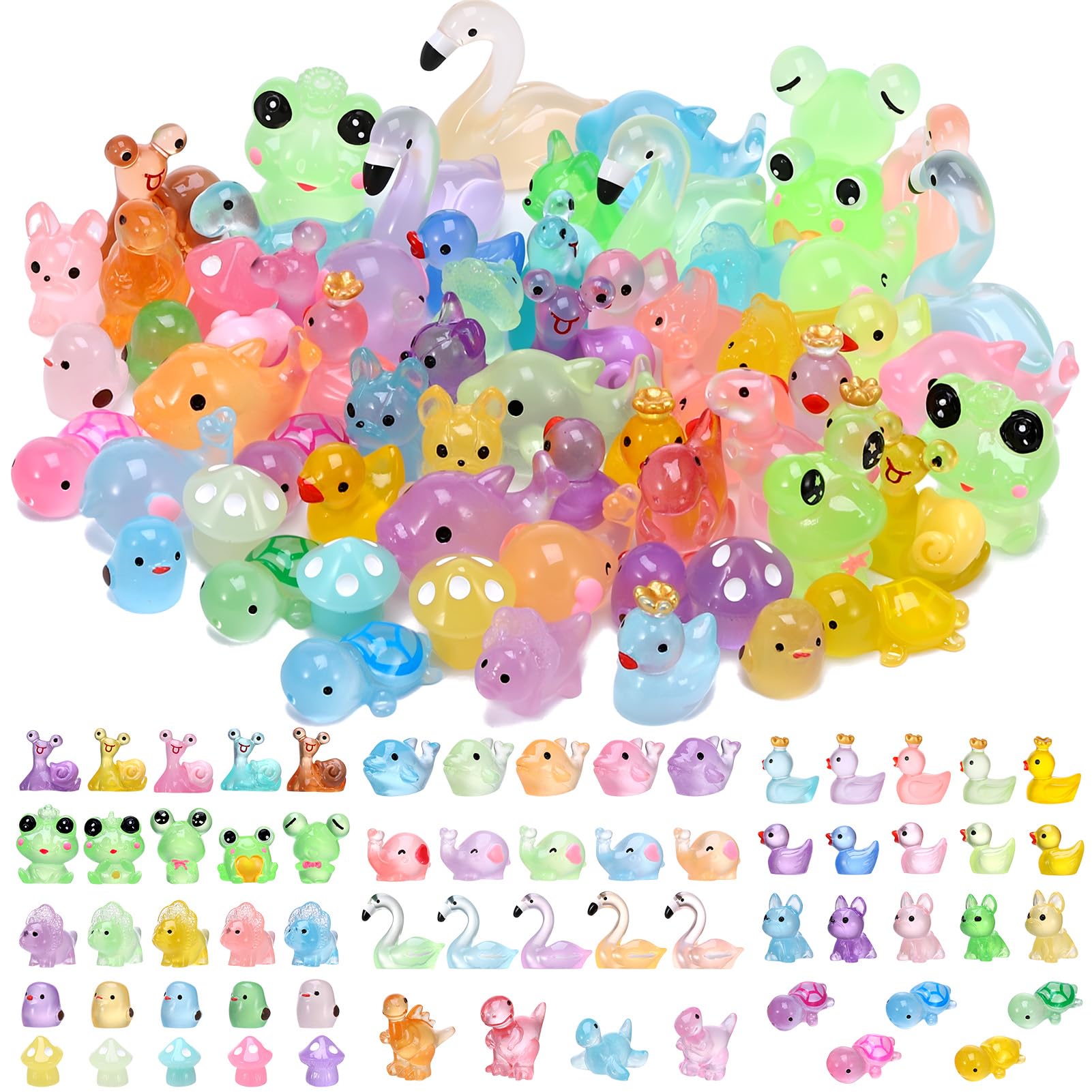 GSrenyu 64 Pcs Mini Resin Animals Luminous 20 Styles Mini Animals Colourful Miniature Figures for Garden Micro Landscape Dollhouse Aquarium Potted Decorations DIY Crafts