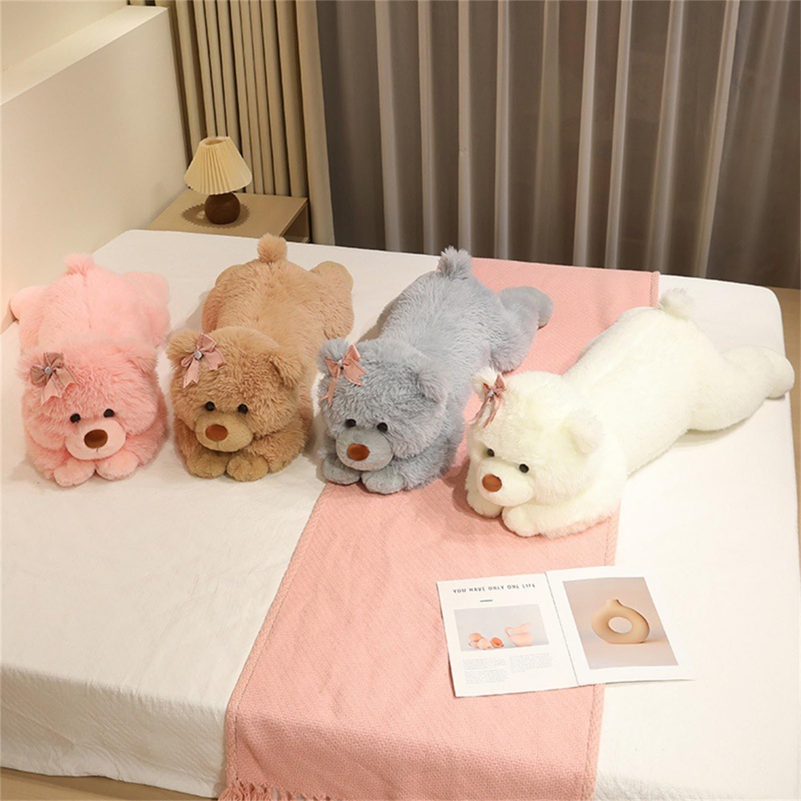 Niedlicher Rosa Teddybär Plüschtier, weicher liegender Bär Kuscheltier mit Schleife, süßes Plüschtier Teddy, weiches Stofftier Geschenk für Kinder Mädchen und Jungen (90cm,Fen)