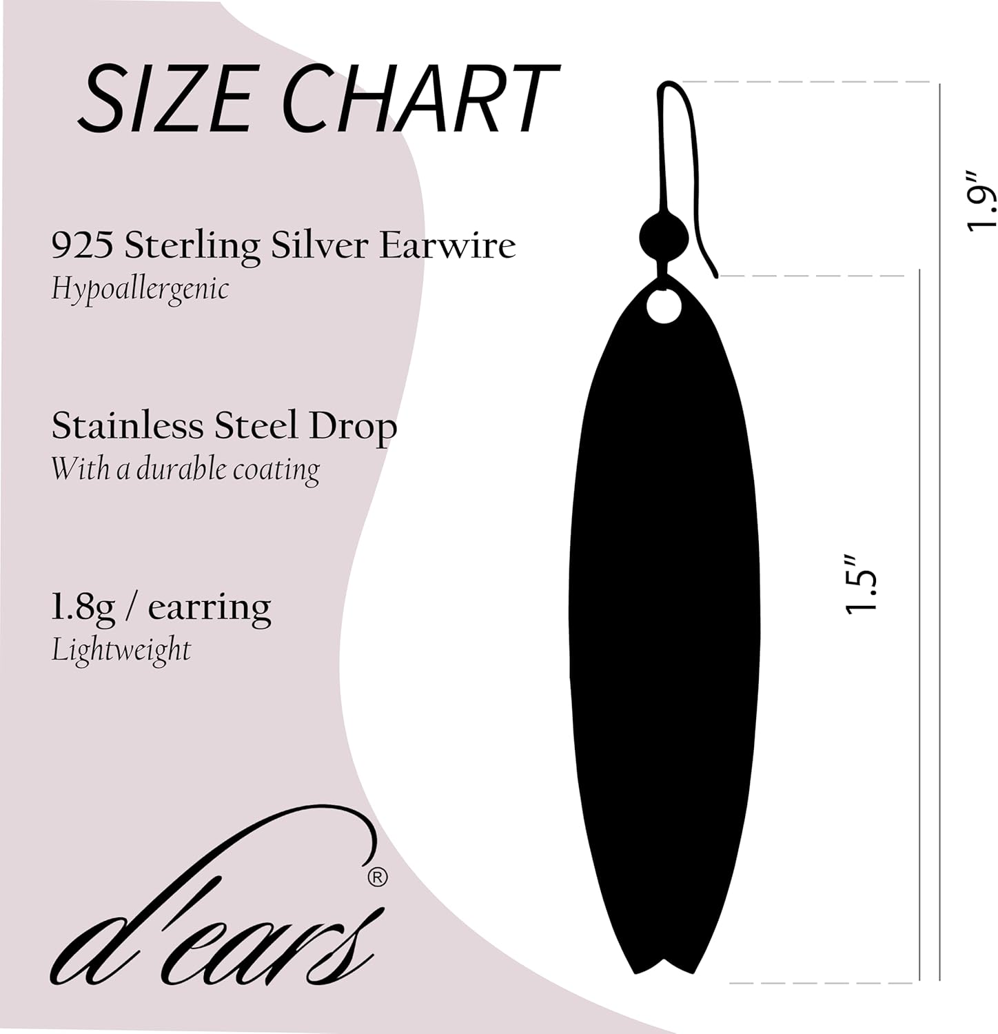 d'ears Plumeria Surfboard Earrings Non-Tarnish Sterling Silver French Hook Ear Wire, made in the USA