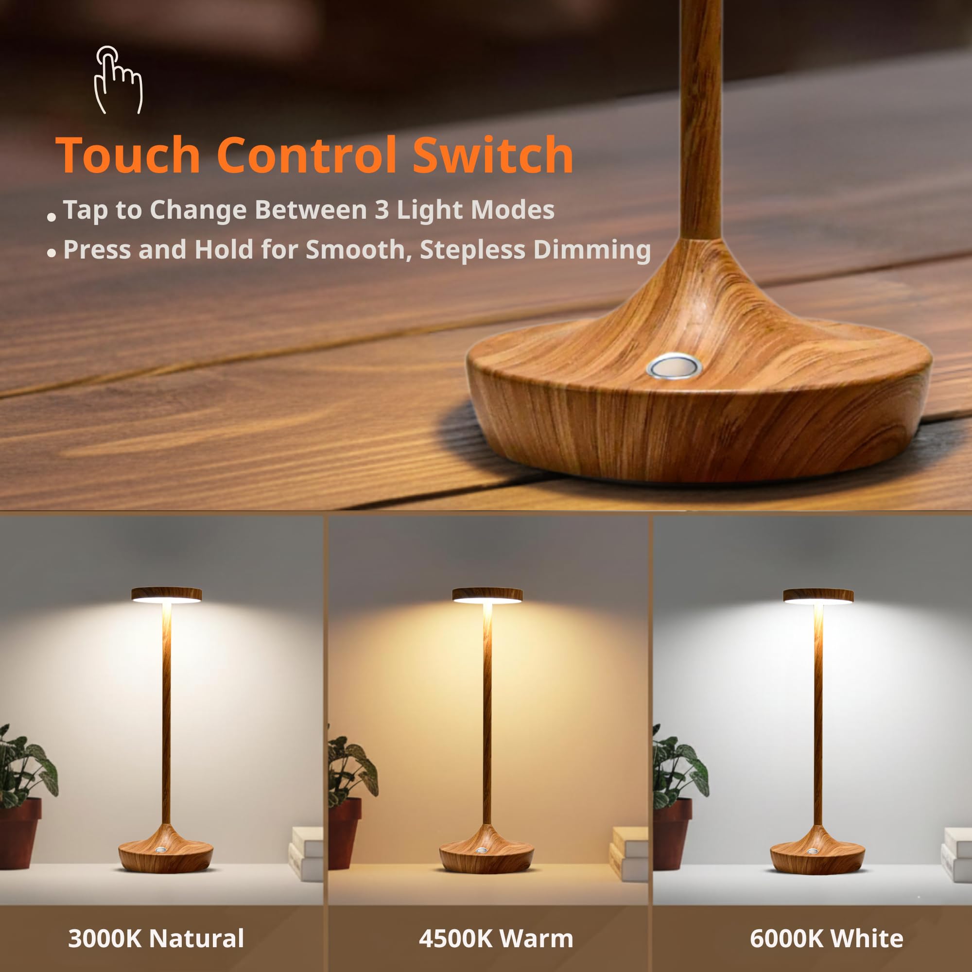 Lámpara de mesa inalámbrica recargable, luz LED de 6000 mAh, funciona con pilas, portátil, táctil, regulable, impermeable, para patio, bar, restaurante, comedor (patrón de bambú)