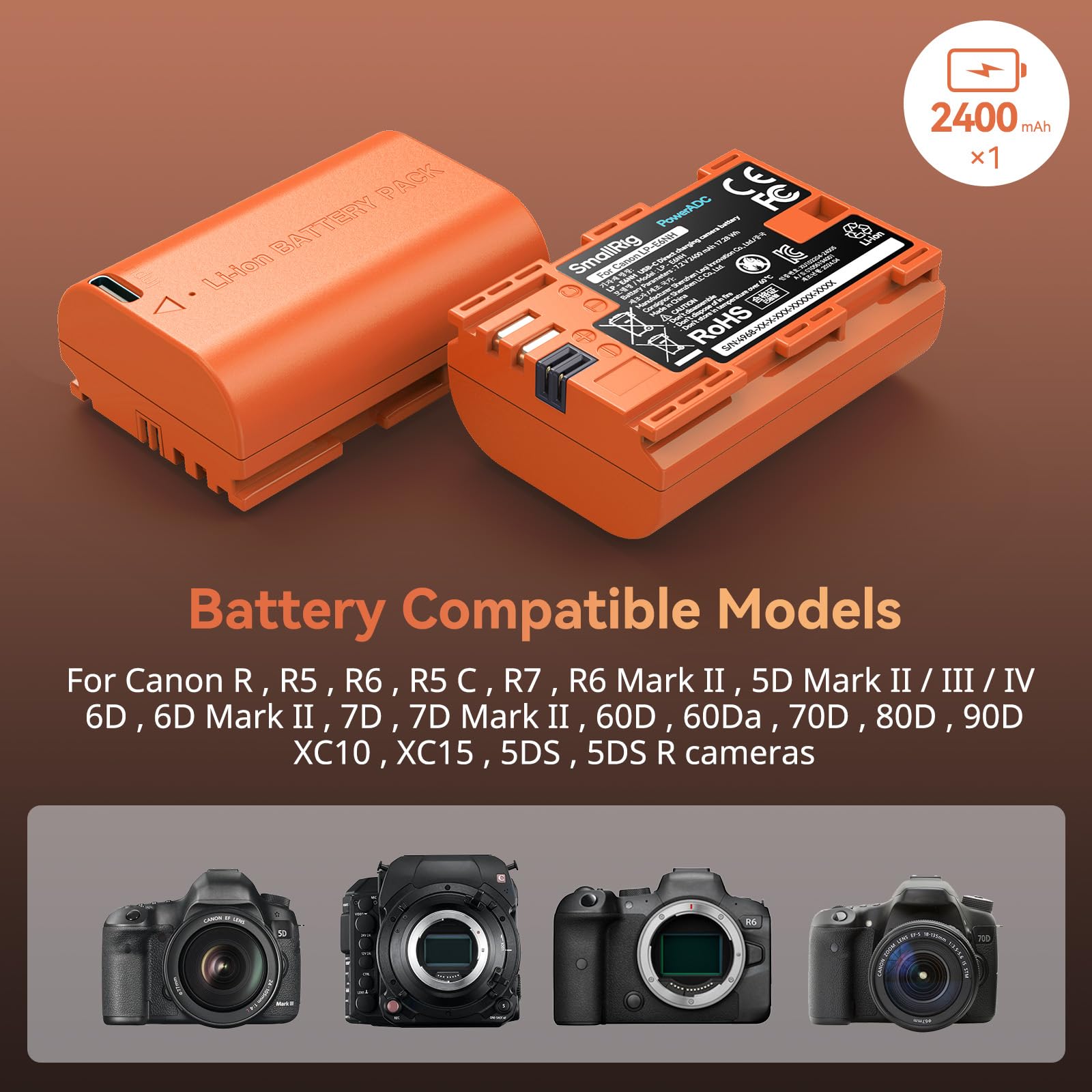 SMALLRIG Batteria 2400mAh per Canon LP-E6NH R6II/R5/R6/R7, Batteria per Fotocamera Ricaricabile con USB-C 2.5H Ricarica Rapida per Canon R, R5C, 5DIII/IV, 6D, 6DII, 7D, 60Da, 70D, 80D, Arancia - 4968