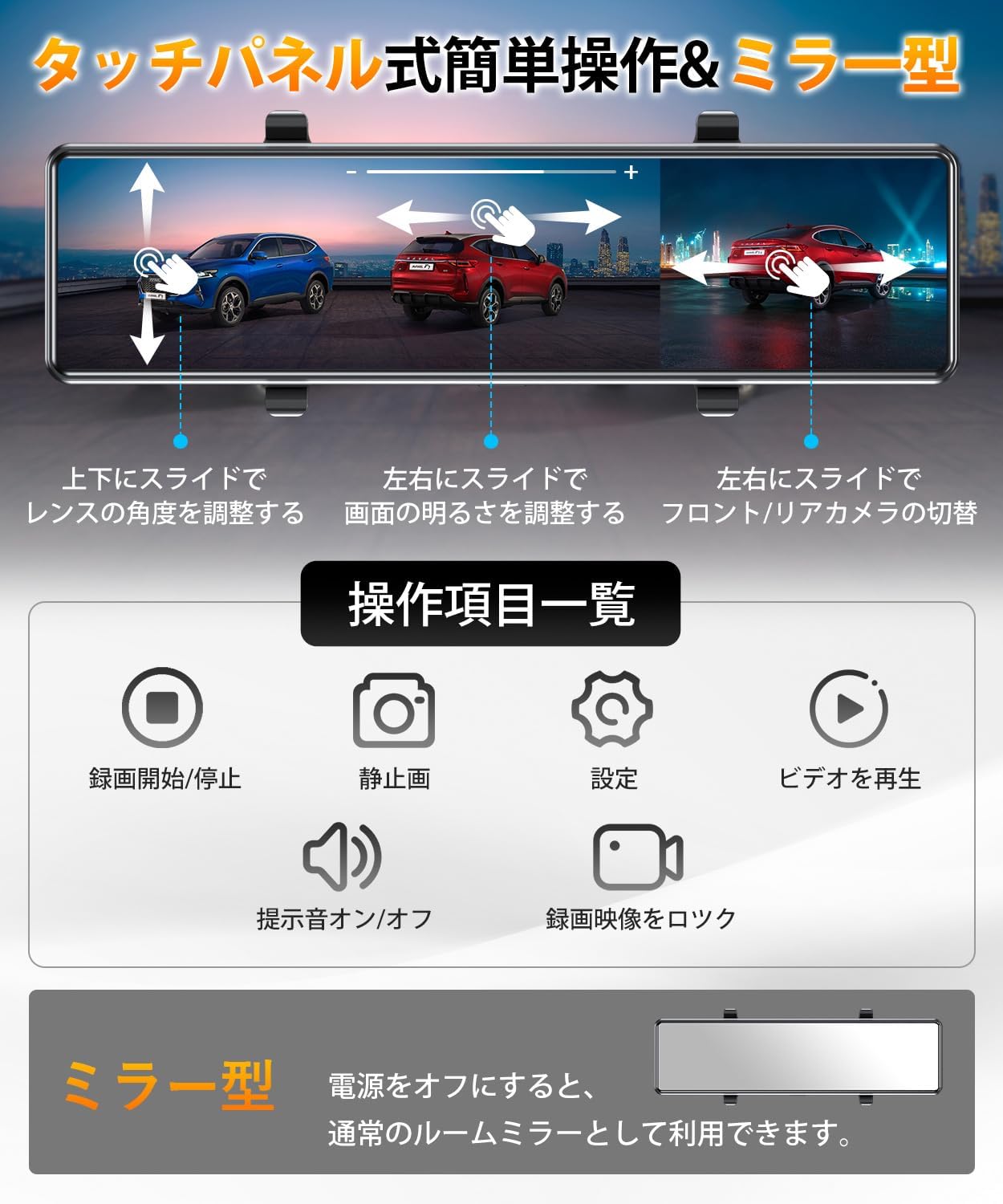 4K画質王・降圧ケーブル】ドライブレコーダー ミラー型 170°前後カメラ