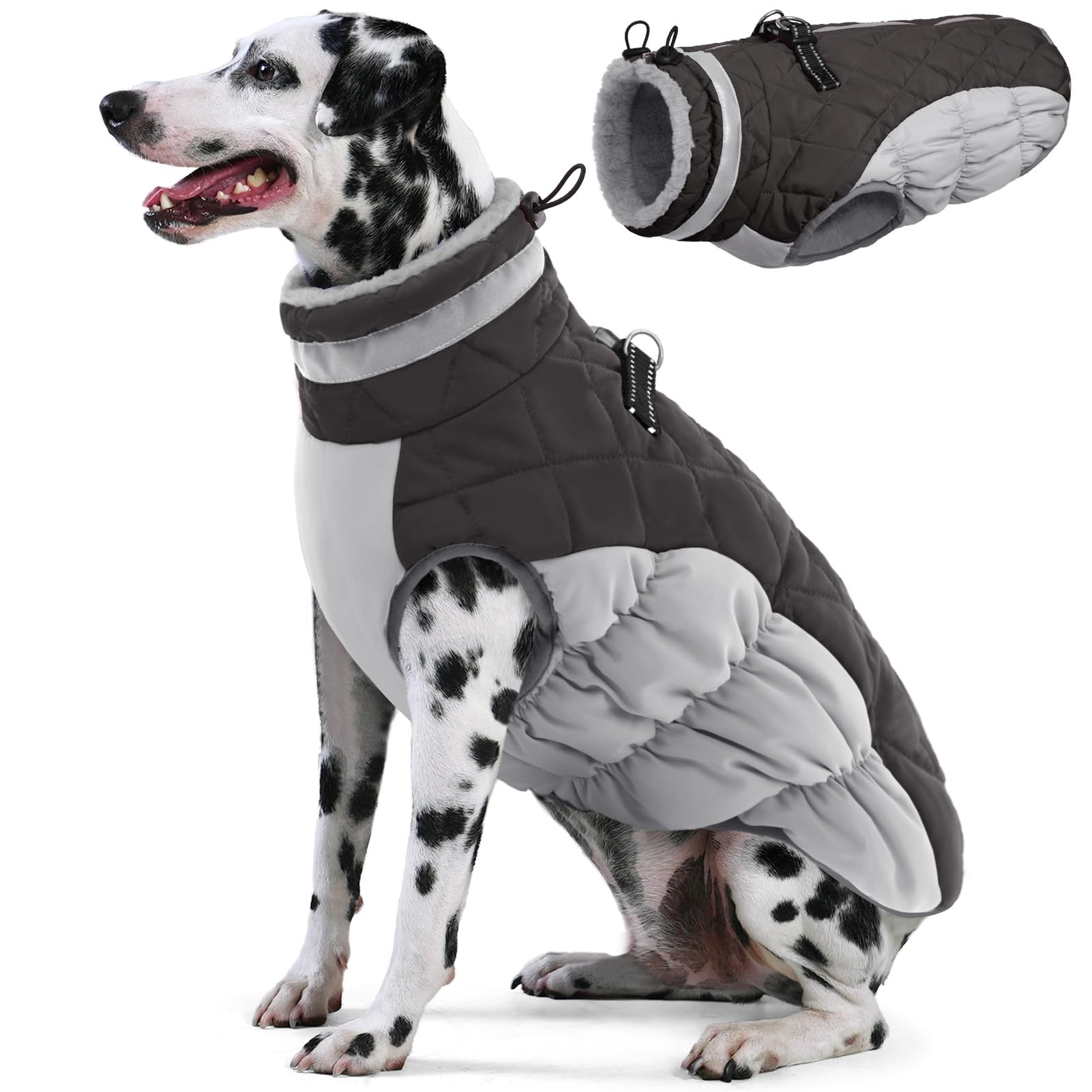 AOFITEE Dog Coat, Warm Dog Winter Coat for Large Dogs, Reflective Turtleneck Dogs Jacket with Harness Built in, Waterproof Windproof Pet Puffer Jacket Fleece Vest for Cold Weather, Grey XXXL