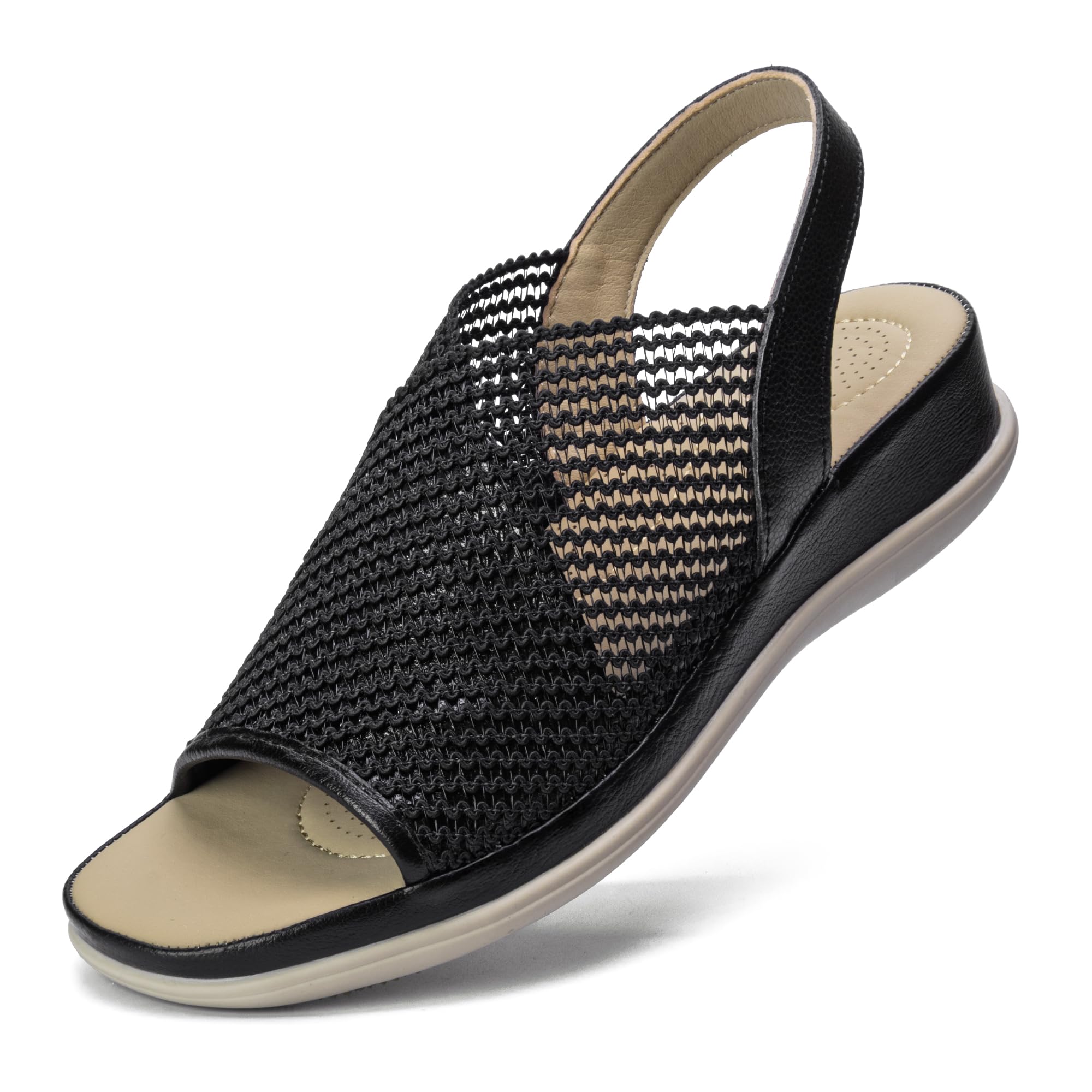 Mnking Damen Sandalen Plateau Sommer Orthopädische Sandaletten mit Bequeme Leder Fußbett Atmungsaktiv Gewebt Mesh Offene Zehen Slingback Wedge für Freizeit Gehen Büro