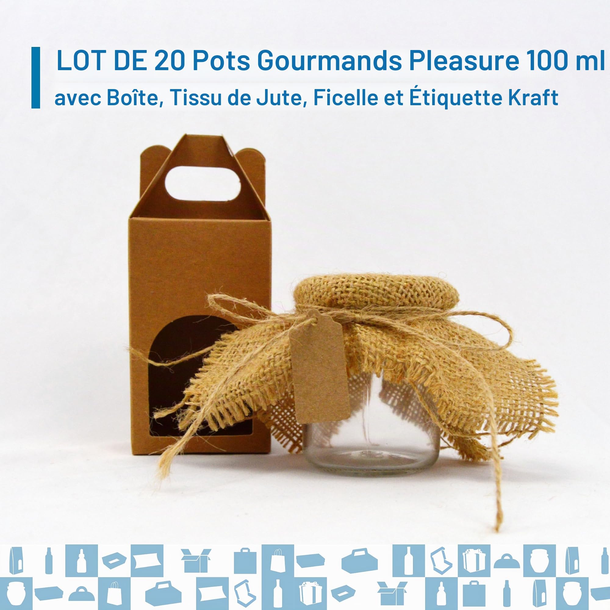 Espirito Rebelde Pack de 20 pots en verre vides de 100 ml avec couvercle, 20 boîtes, tissu, ficelle de jute et 20 étiquettes kraft inclus - Pour confitures, conserves, miel