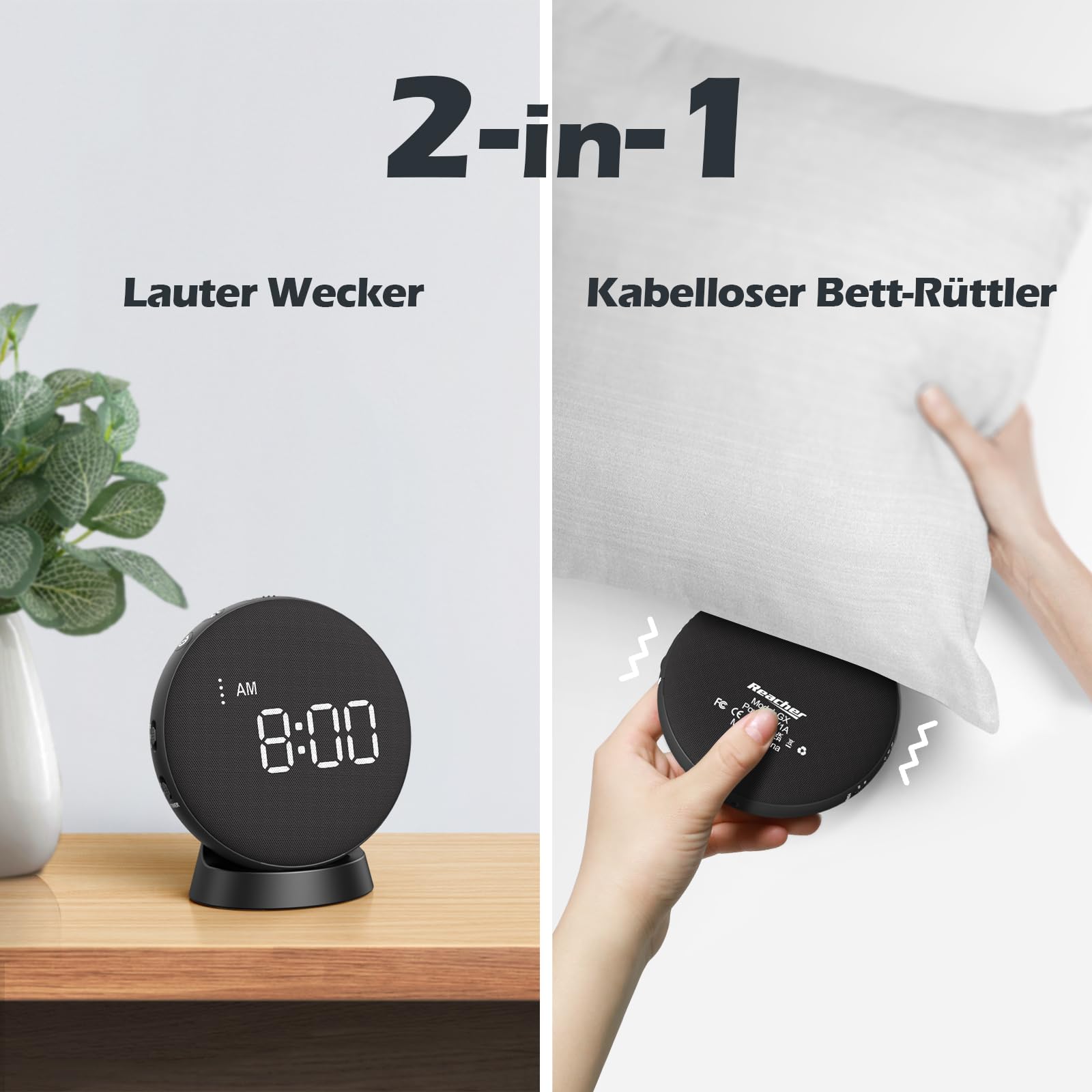 Reacher Réveil numérique Vibrant avec secoueur de lit, Portable et Rechargeable, idéal pour Les Voyages, Les malentendants et Les Personnes âgées