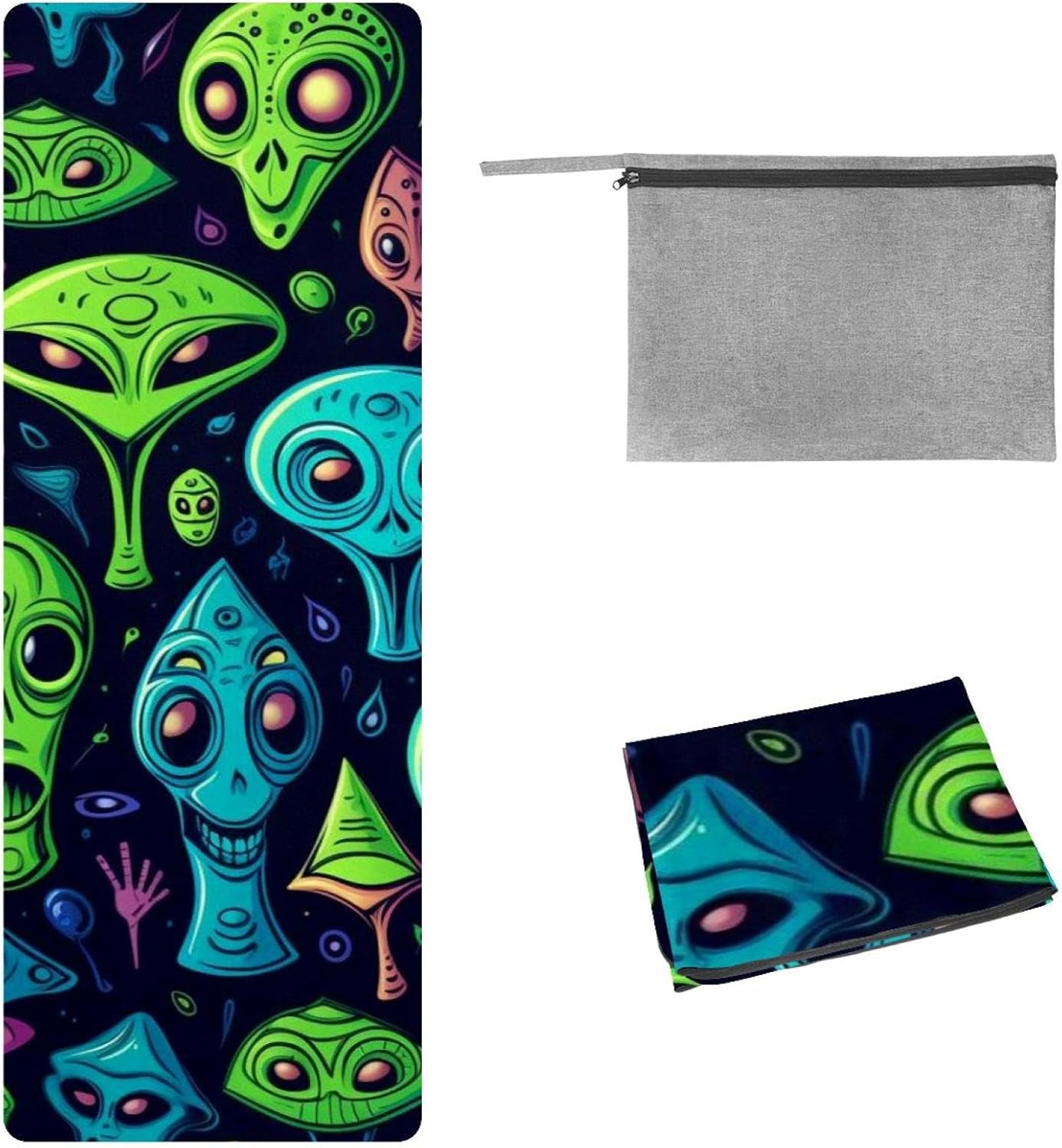 Yoga Towel, Outer Space Alien Pattern Non Slip Sweat Absorbent Hot Yoga Mat Towel for Hot Yoga, Pilates and Fitness - 72.8" x 26.8"