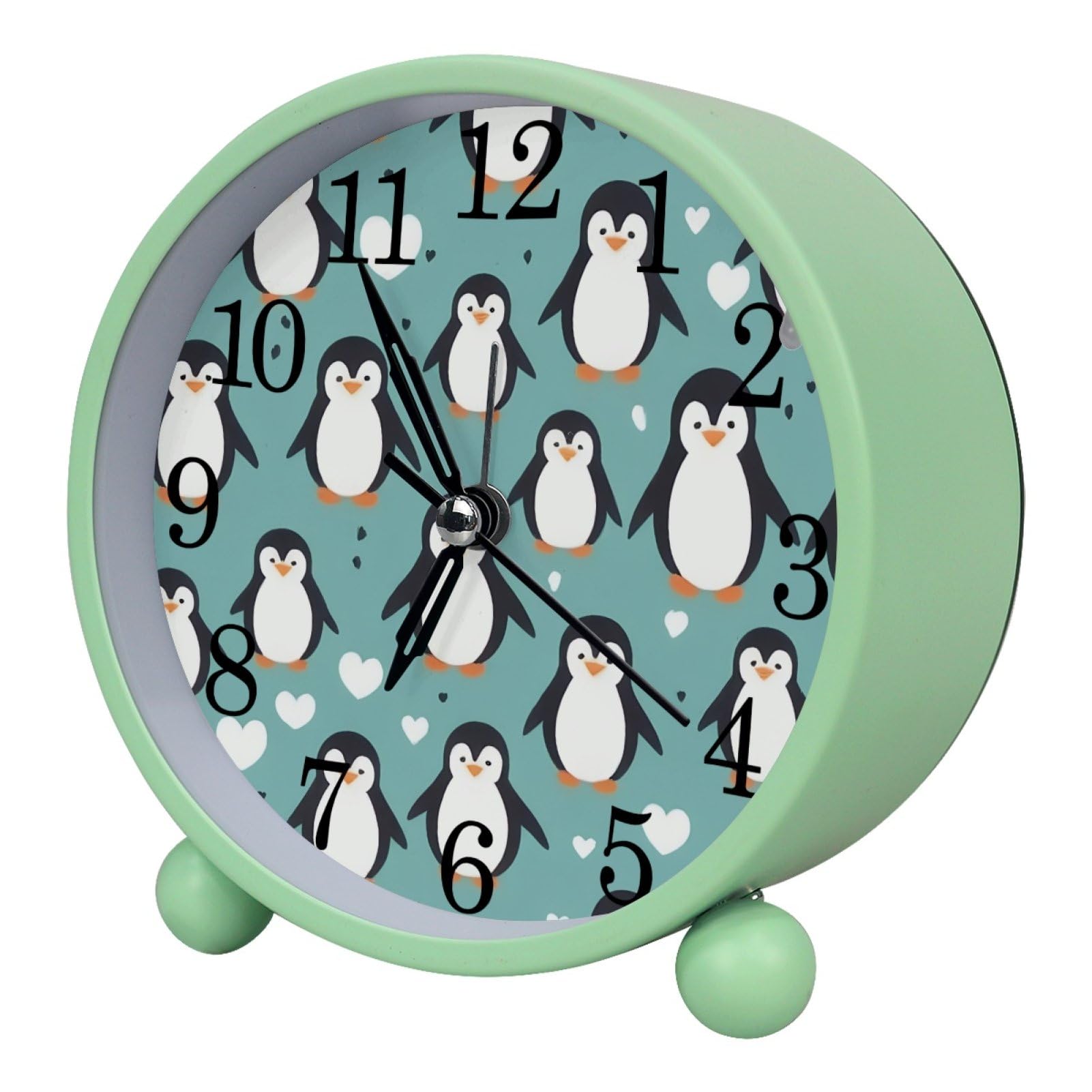 etoenbrc Penguins Silent Analog Alarm Clock Round Battery Operated Bedside Alarm Clock Plastic Table Clock for Living Room Bedroom