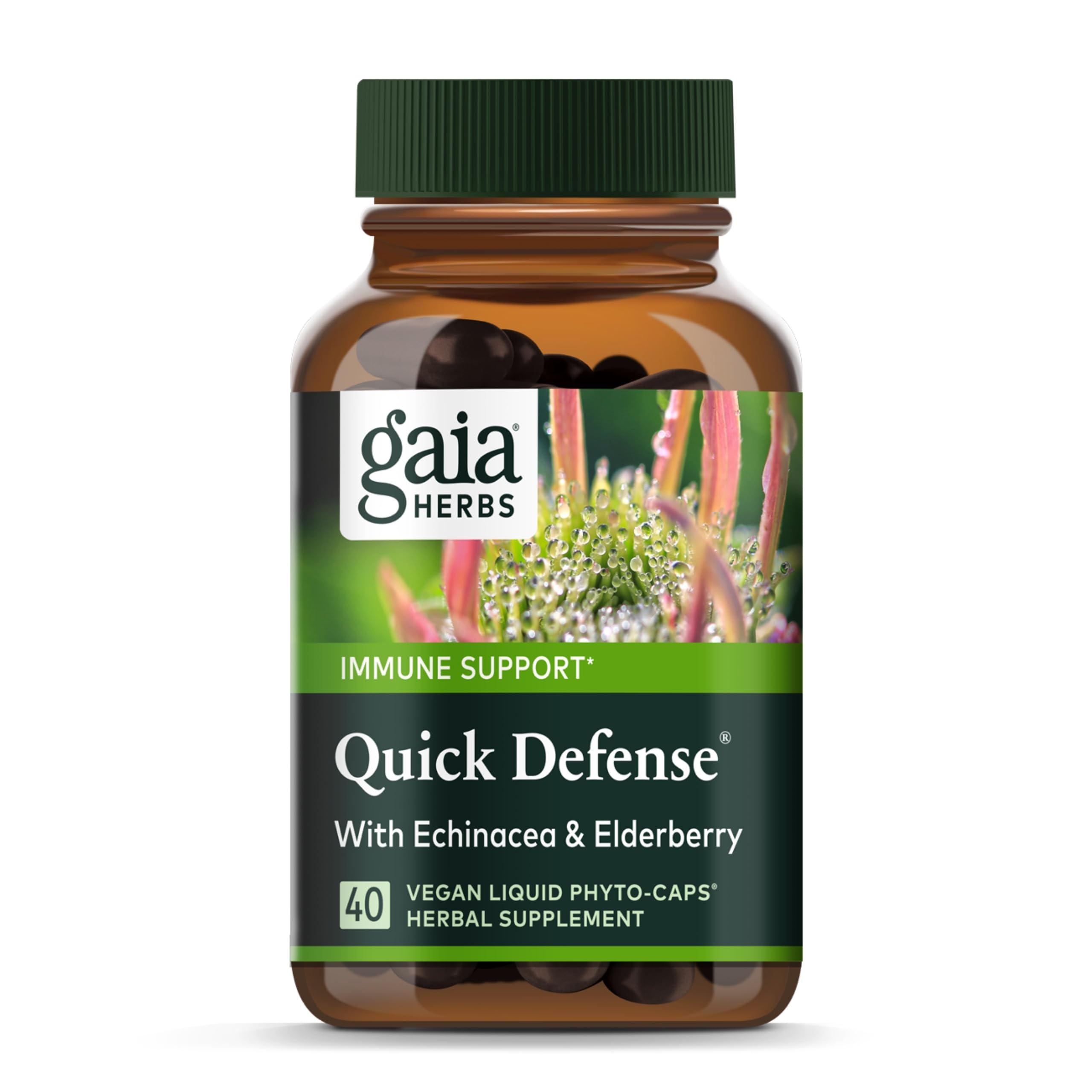 Gaia Herbs Quick Defense - Fast-Acting Immune Support Supplement for Use at Onset of Symptoms - with Echinacea, Black Elderberry, Ginger & Andrographis - 40 Vegan Liquid Phyto-Capsules (4-Day Supply)