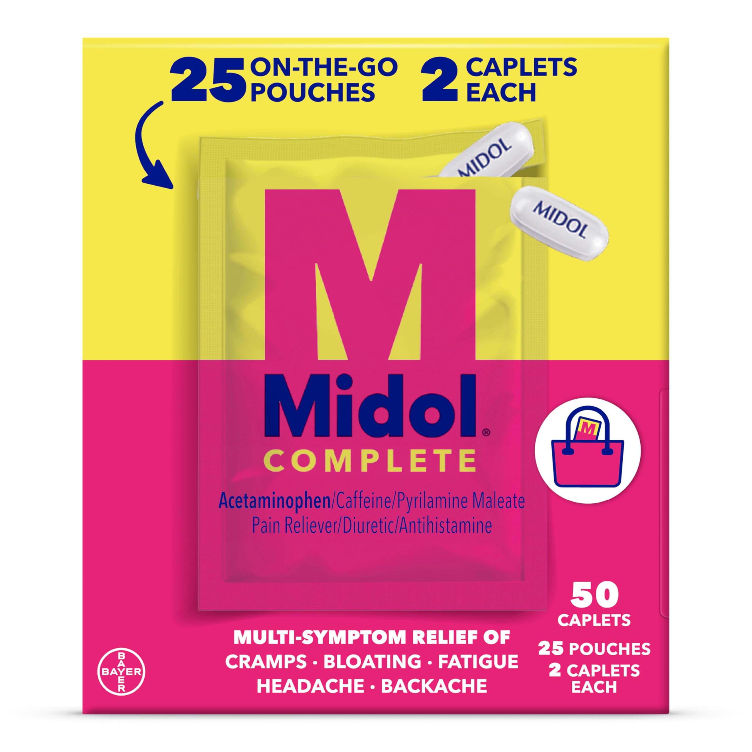 - Midol Complete On The Go Caplets with Acetaminophen for Menstrual Symptom Relief, Period Cramp and Menstrual Pain Relief, 50 Count (25 Pouches of 2)