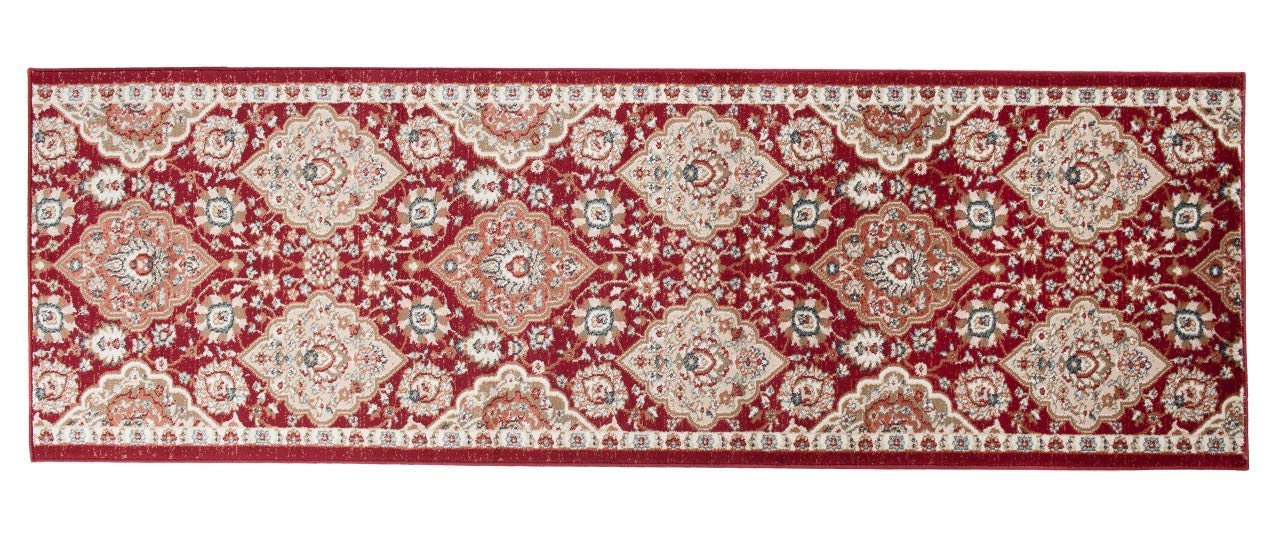 TAPISO Dubai chodnik dywan most kremowo-czerwony z klasyczną ornament kwiatowy wzór na korytarz, pokój dzienny, wejście do mieszkania ÖKOTEX 100 x 1500 cm