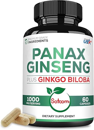 Suplemento de 1000 mg de Panax Ginseng y Ginkgo Biloba rojo coreano, 60 cápsulas veganas, sin gluten, sin OMG, producción de energía, salud