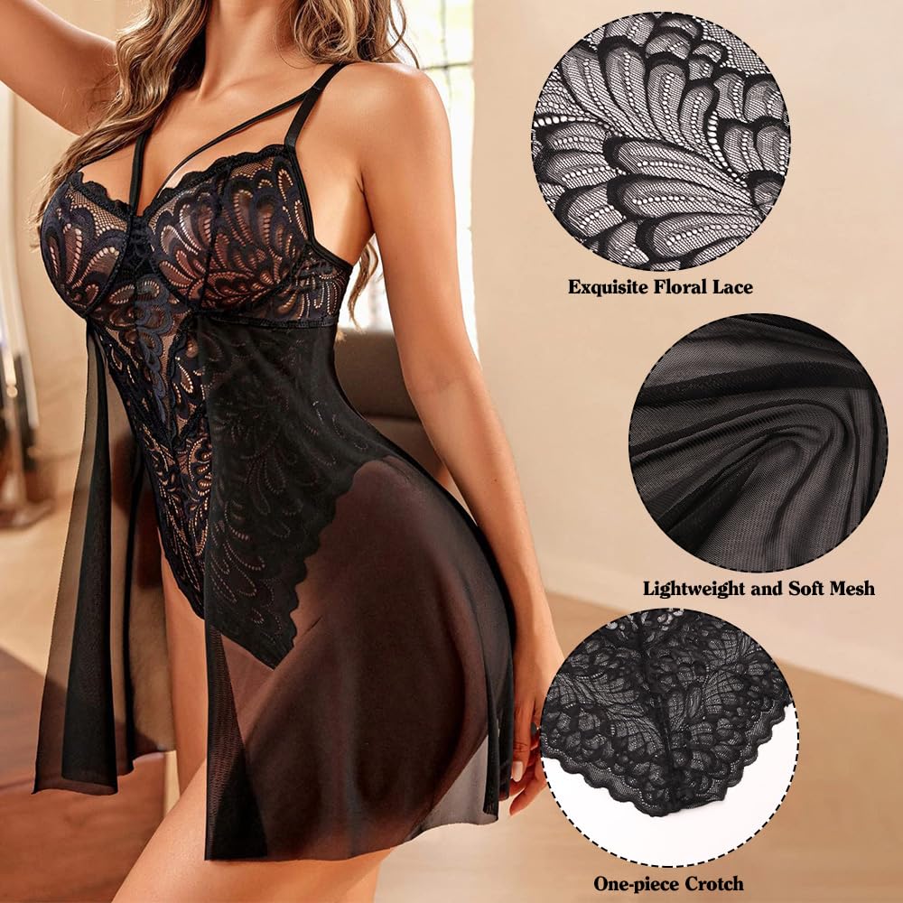 ZWCHGJ Camisón Transparente Sexy para Mujer Babydoll de Encaje Body de Peluche de una Pieza Lencería Negligee Travieso Cuello en V Halter Sin Mangas Correa para el Hombro Camisón Fino para Mujer