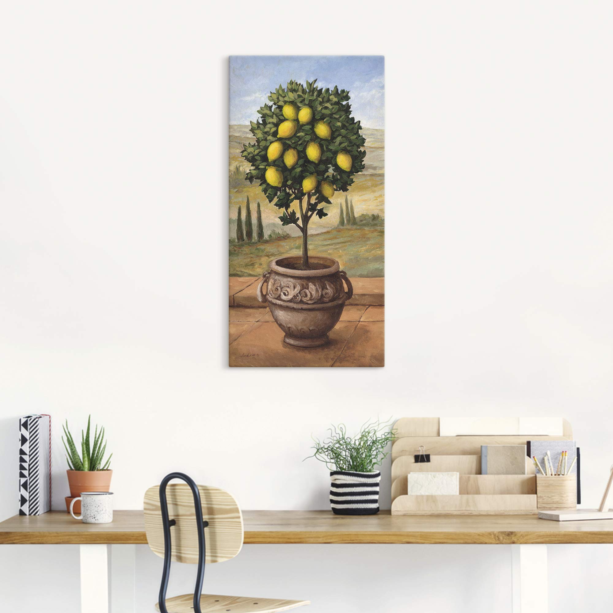 ARTLAND Wanddeko Leinwand Bilder Wandbild 50x100 cm Toskana Zitrone Baum Italien Landschaft Mediterran Botanik Terracotta T4MN
