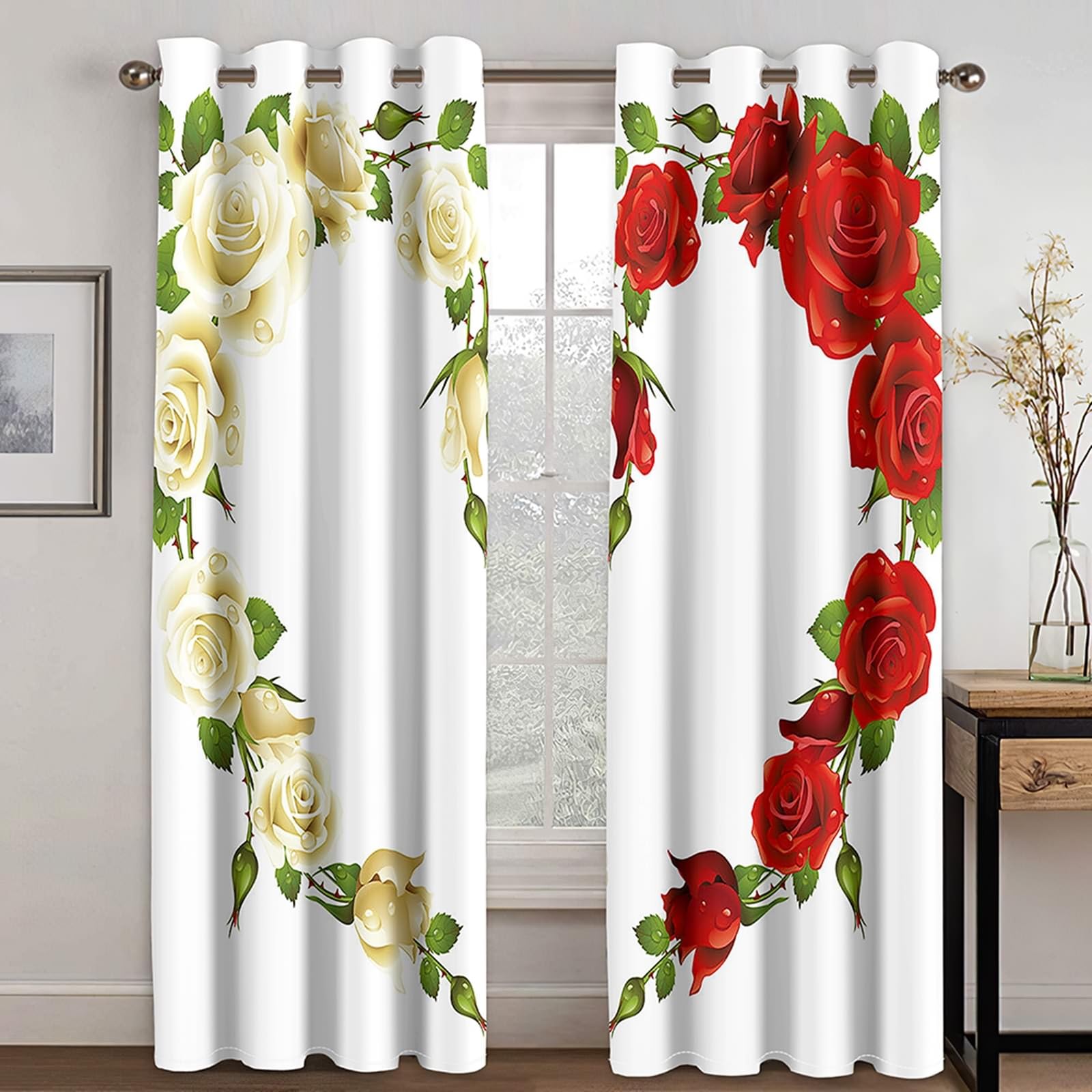 Fenstervorhänge Wohnzimmer, 234x274cm Weiß Rot Gelb Grün Herz mit Rosen Vorhang für Schlafzimmer/Wohnzimmer