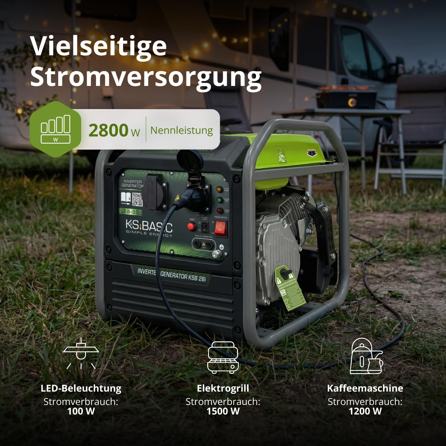 K&S BASIC 28i Inwerterowy generator 3000 W, agregat prądotwórczy na benzynę, agregat prądotwórczy 230 V z czystą falą sinusoidalną, generator prądu z trybem Eco i równoległym działaniem, moc
