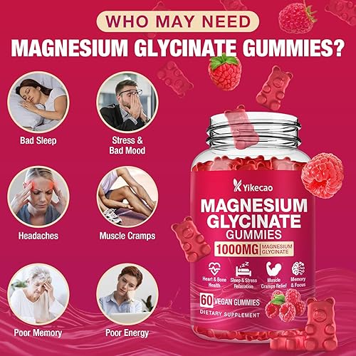 Miniatura 4 de Gomitas de glicinato de magnesio de 1000 mg, gomitas de magnesio para adultos y niños con L-treonato, suplemento de magnesio para relajación, calma,