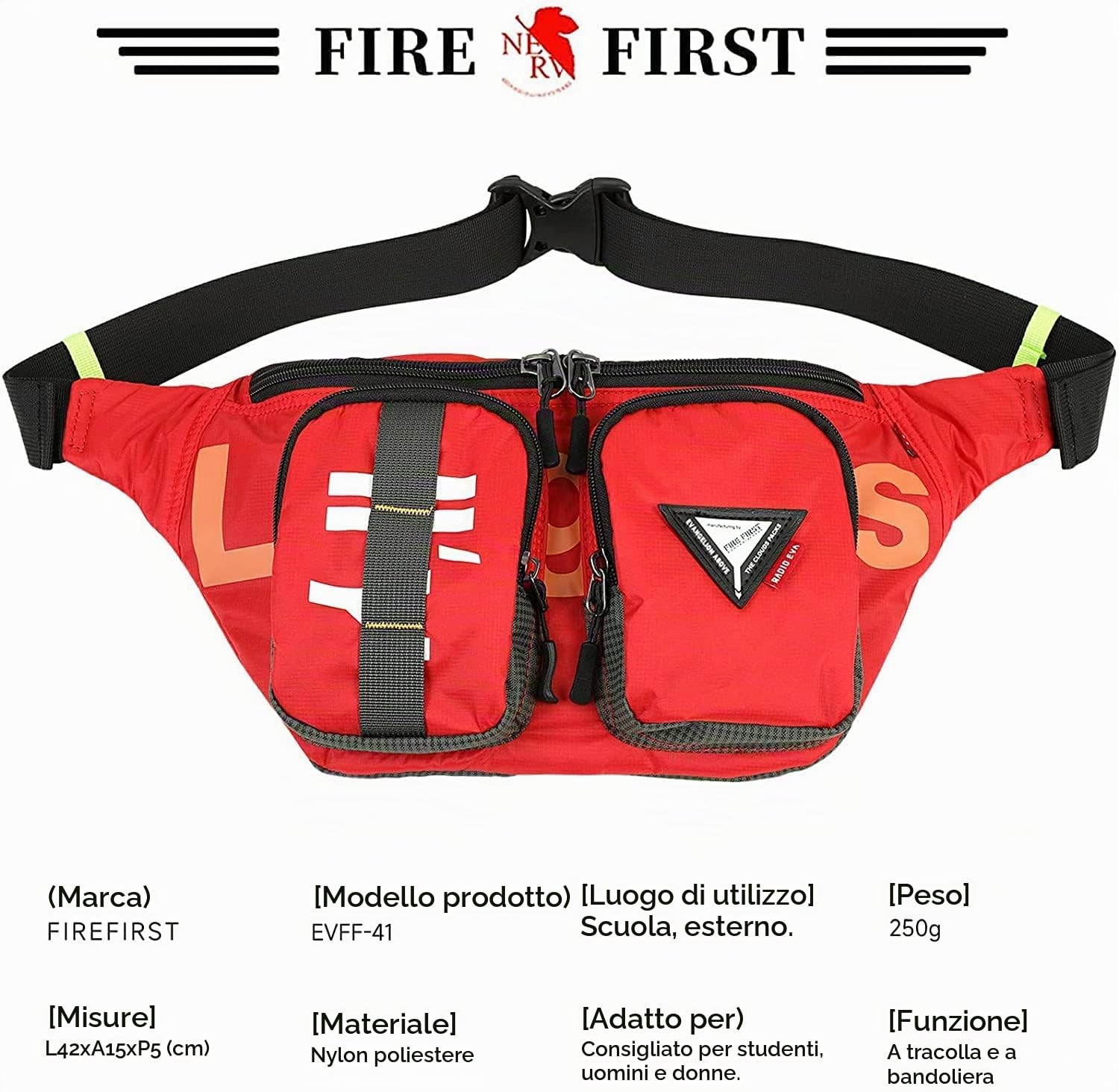 FIREFIRST x RADIO EVA - Evangelion Marsupi Sportivi Borse a Spalla | Collaborazione Ufficiale Eva;Accessorio Cosplay Indispensabile;Ideale Per Scuola, Gite, Viaggi