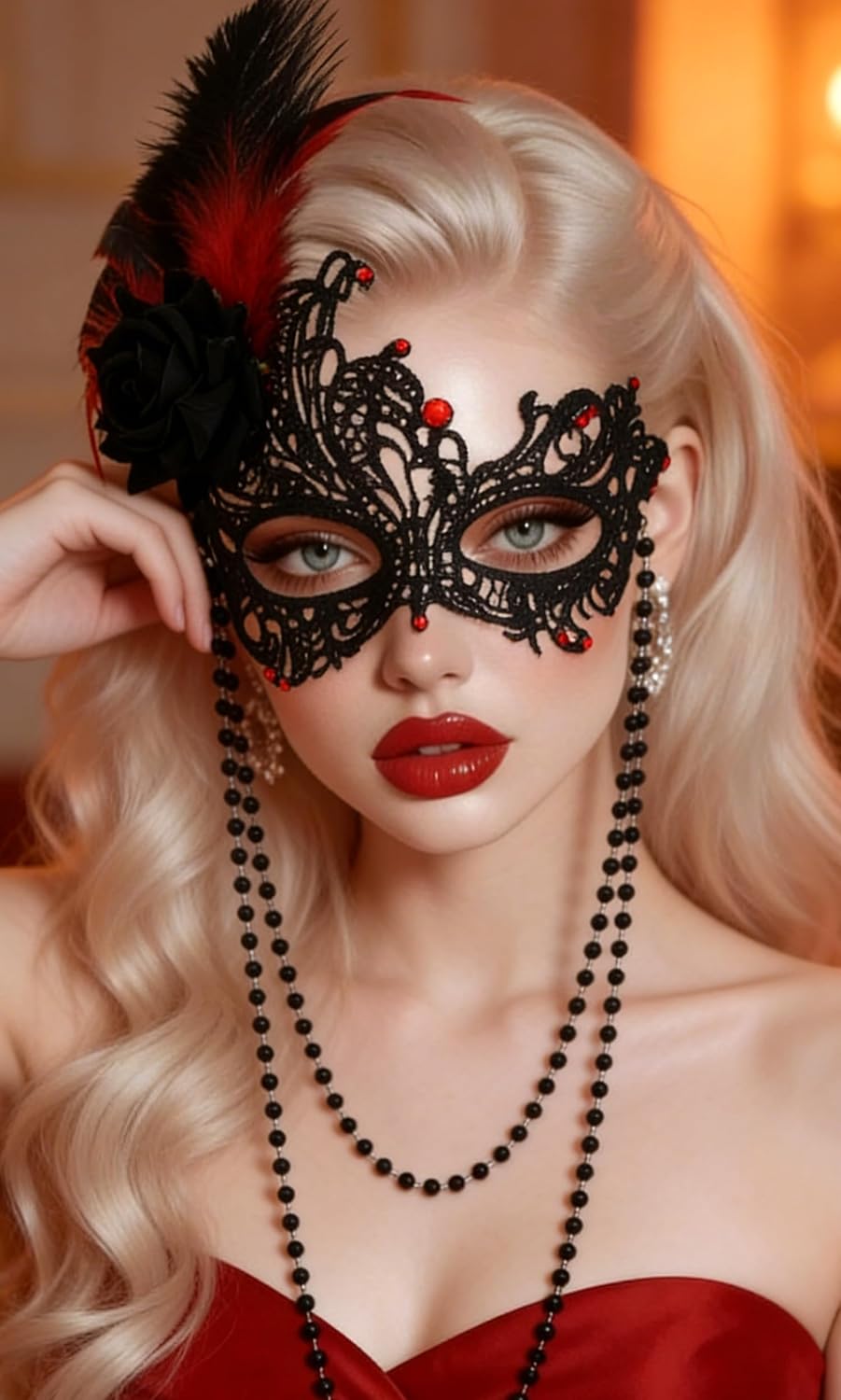 Ursumy Feather Masquerade Lace Mask Rhinestone Eye Masks with Beaded Chain Ball Costume Party Mask for Women