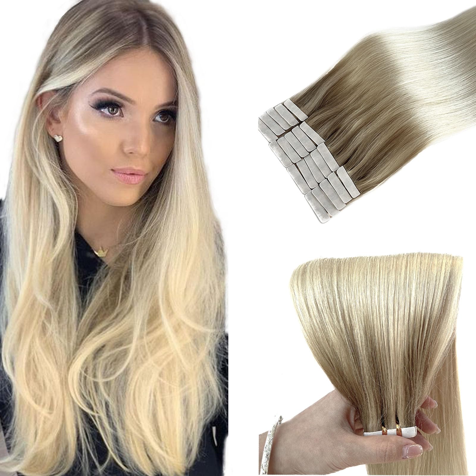 Tape in Human Hair Extensions Ombre Medium Blonde with Platinum Blonde