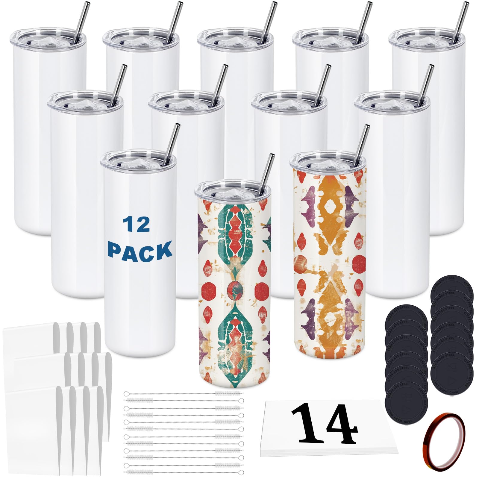 oaptuza 12 Pack 20 OZ Sublimation Tumblers Bulk, Skinny Straight White Sublimation Cups, Stainless Steel Double Wall Insulated Tumbler for Heat