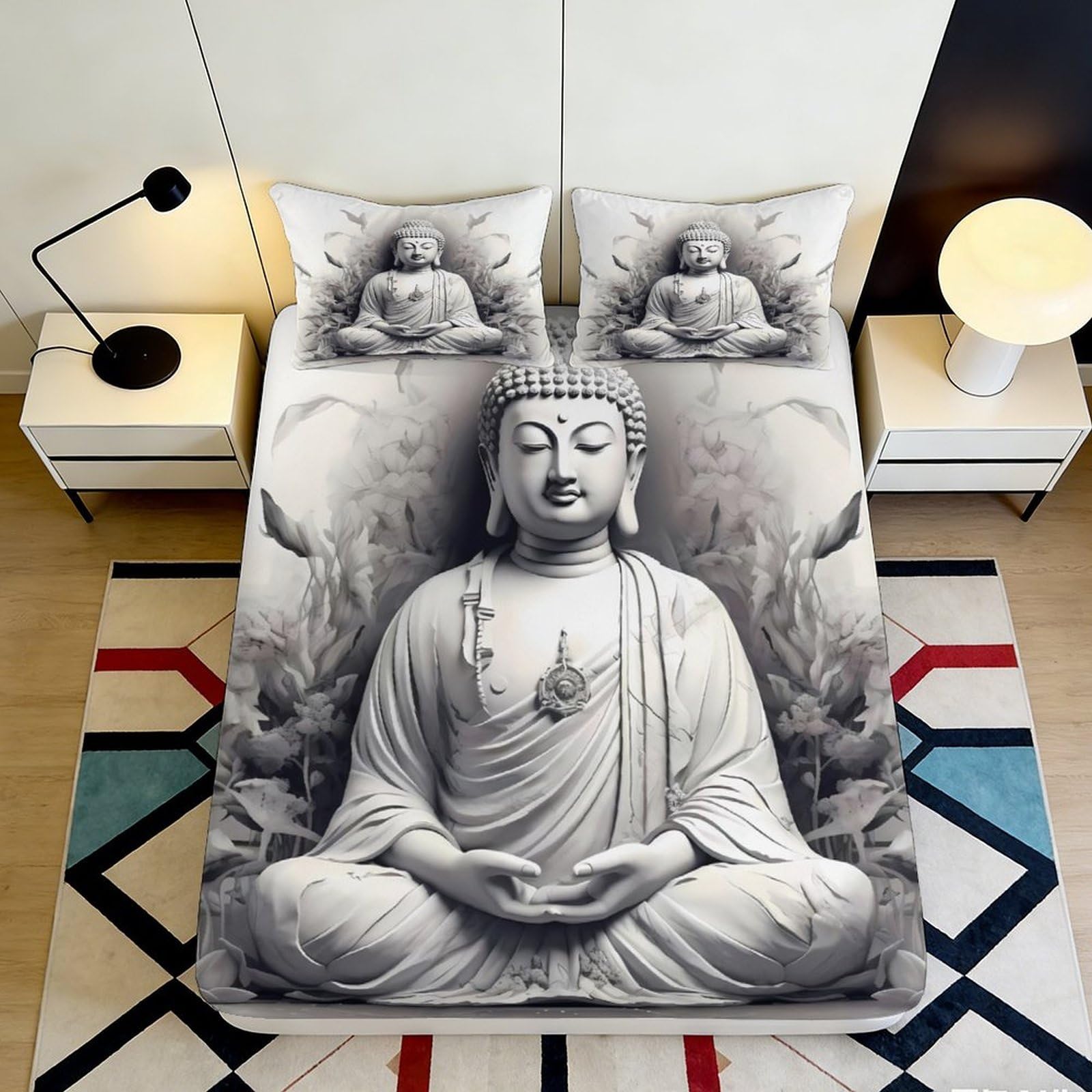 3D Printed Buddha Statue Fitted Sheet Microfiber Anti-Slip Grey Zen Lotus Bed Cover for Bedroom Guest Room Easy Care 90x200x25cm