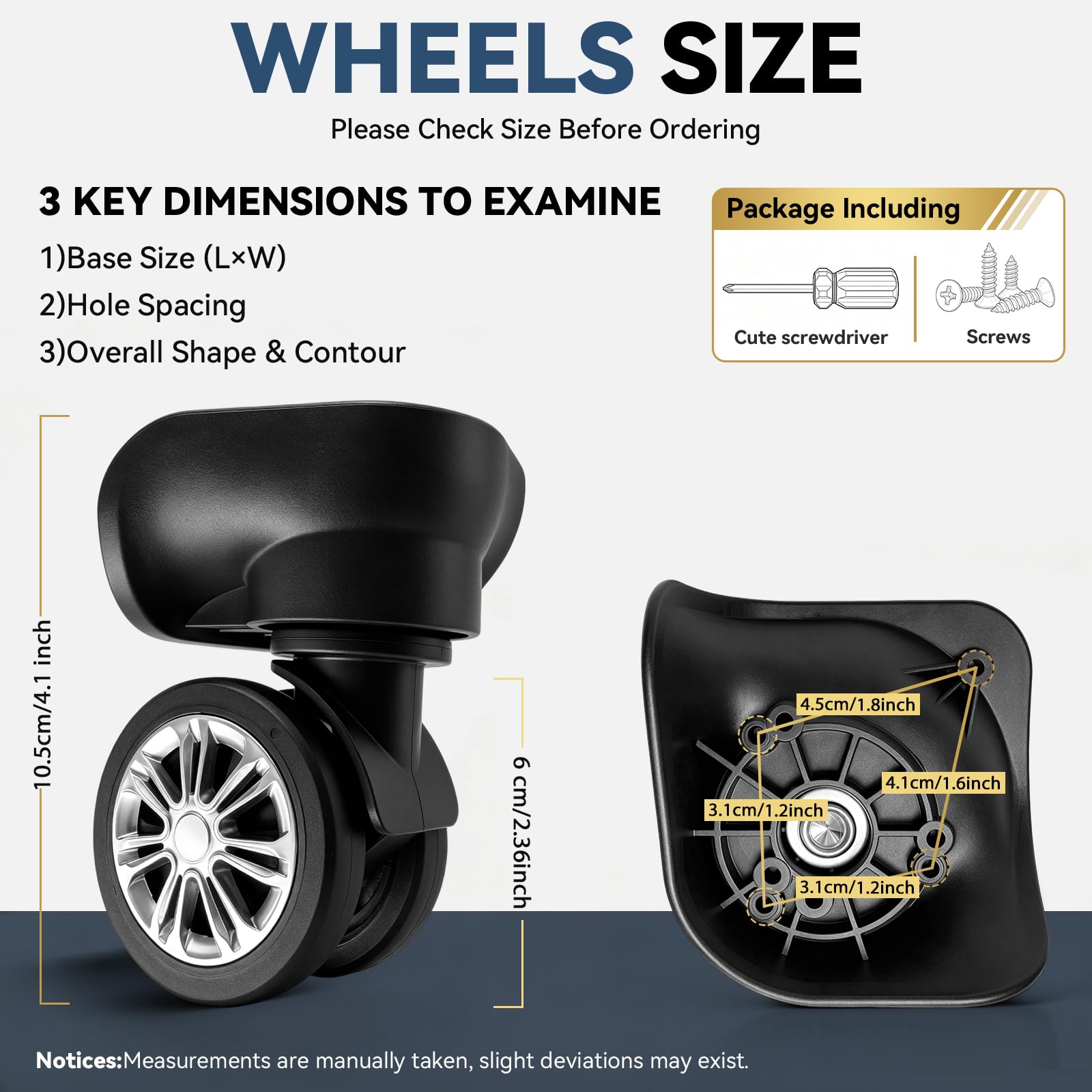 Ruote di ricambio per bagagli, confezione da 4, rotazione a 360°, 4 fori, riparazione valigia | Kit di ricambio per ruote per bagagli, con viti, ruote girevoli a 360° a doppia fila per valigia, carrello e borse da viaggio