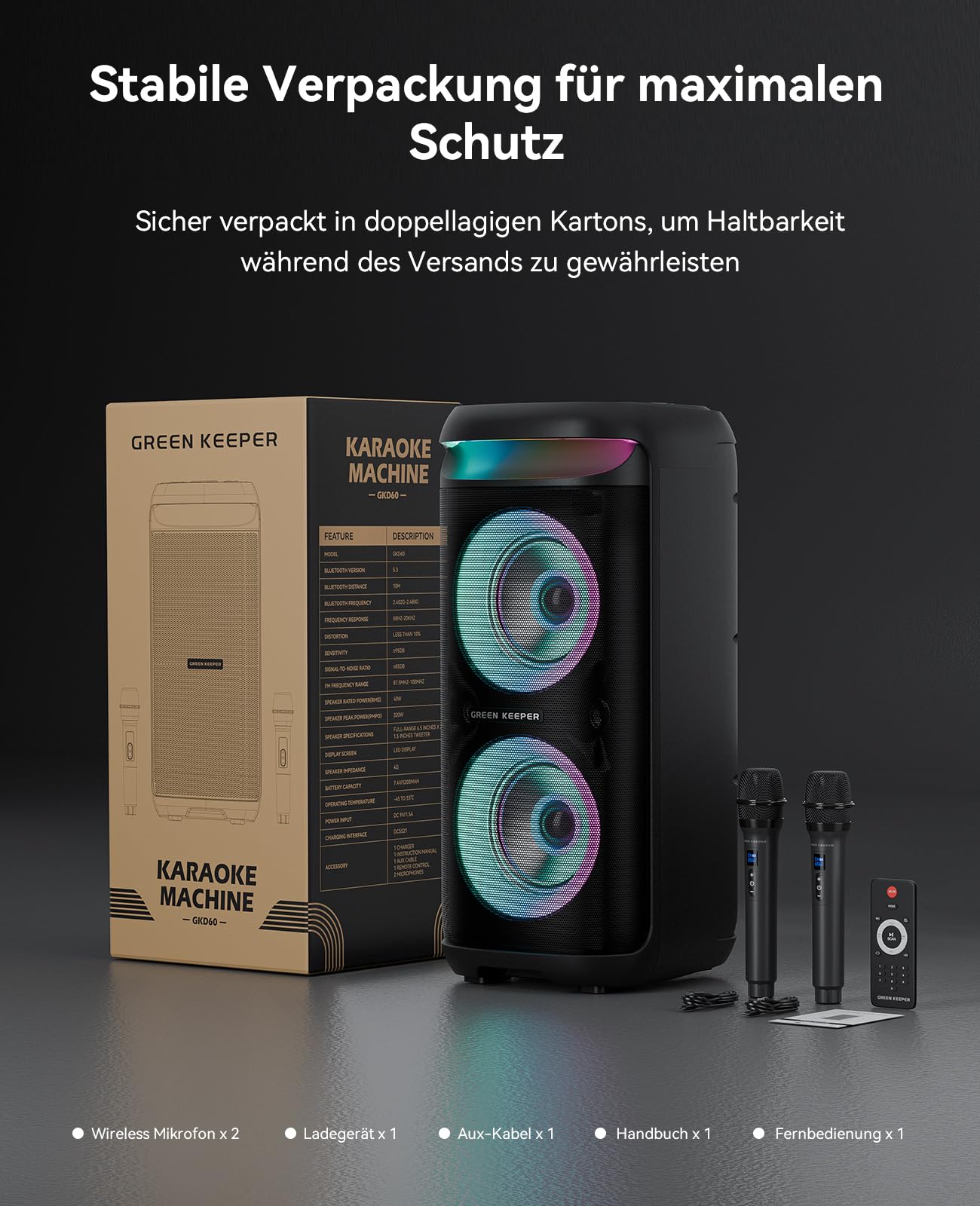 GKD60 Karaoke Maschine mit 2 Mikrofonen 4-13 Stunden Akkulaufzeit Karaoke Anlage 500W Spitzenleistung, 8000mAh Bluetooth-Lautsprecher mit LED Discolicht, FM Radio, TWS, TF/USB/AUX für Outdoor Party