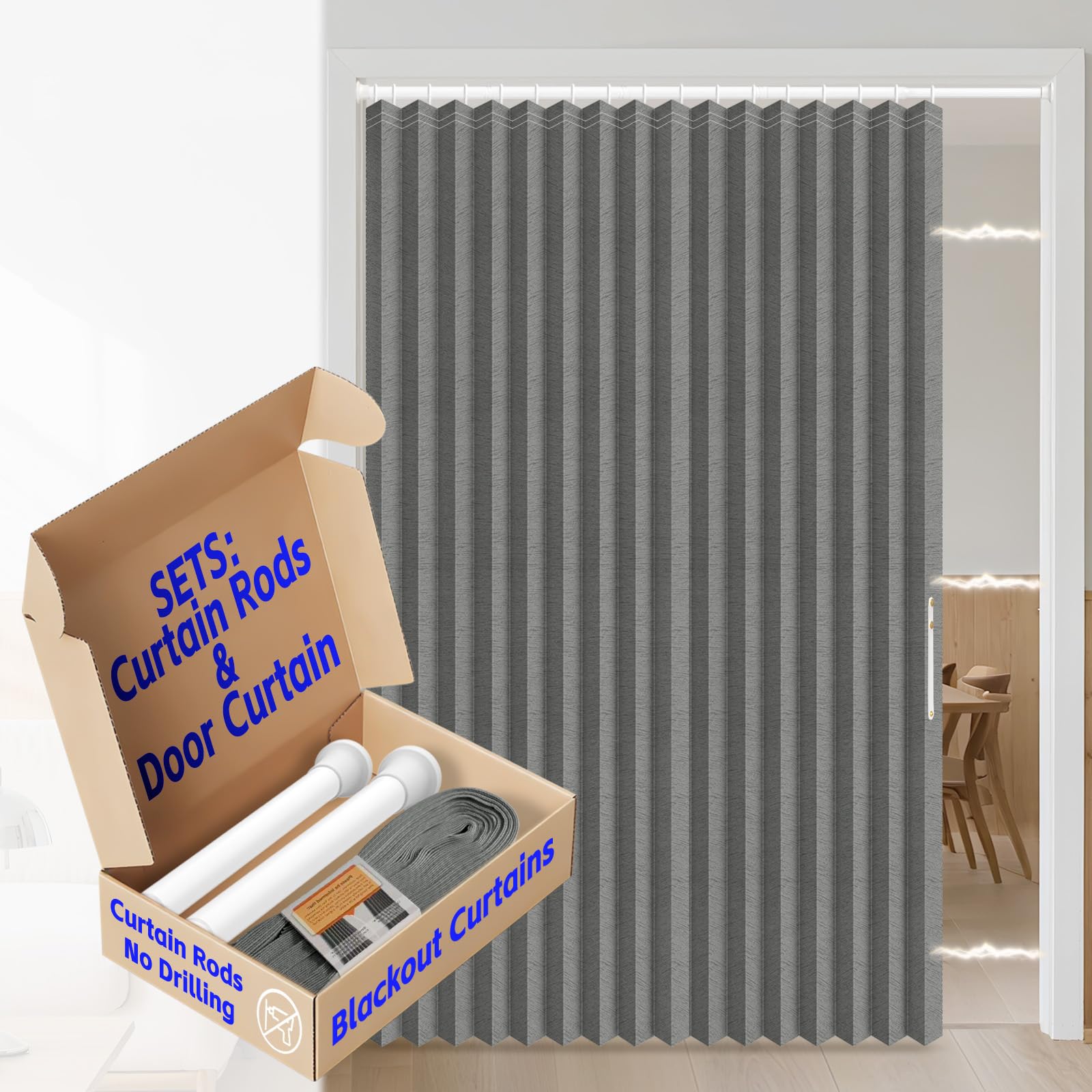 AJAZZ Blackout Sliding Door Curtains with Curtain Rods Adjustable 28-63" Long, Magnetic Door Curtain for Bedroom Living Room Doorway Curtain Sets (1 Pack, 72 W x 78 L, Dark Grey)