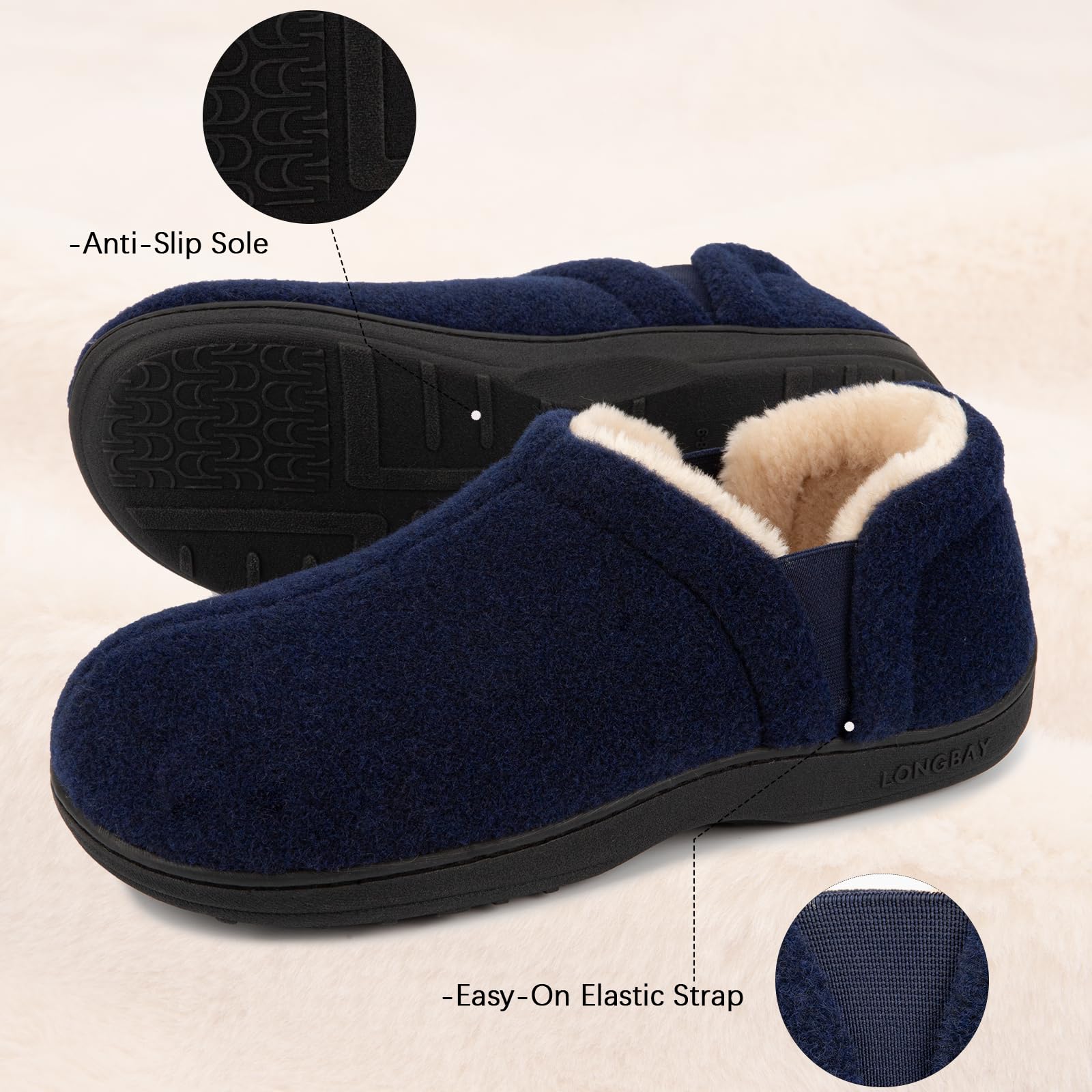 LongBay Men's Cozy Memory Foam Winter Slippers Comfy Warm House Shoes with Elastic Dual Gores for Indoor Outdoor (Navy Blue, 13-14)