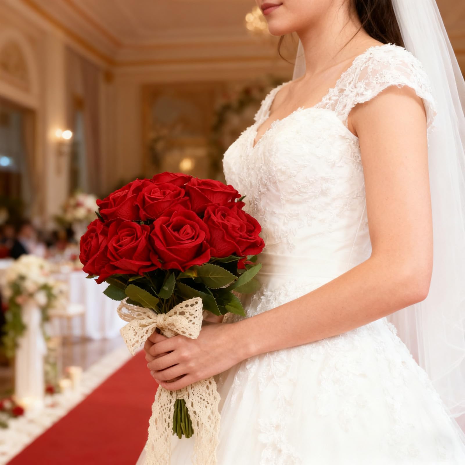 Bouquet da sposa artificiale Rose di seta realistiche a prova di sbiadimento (Rossa)