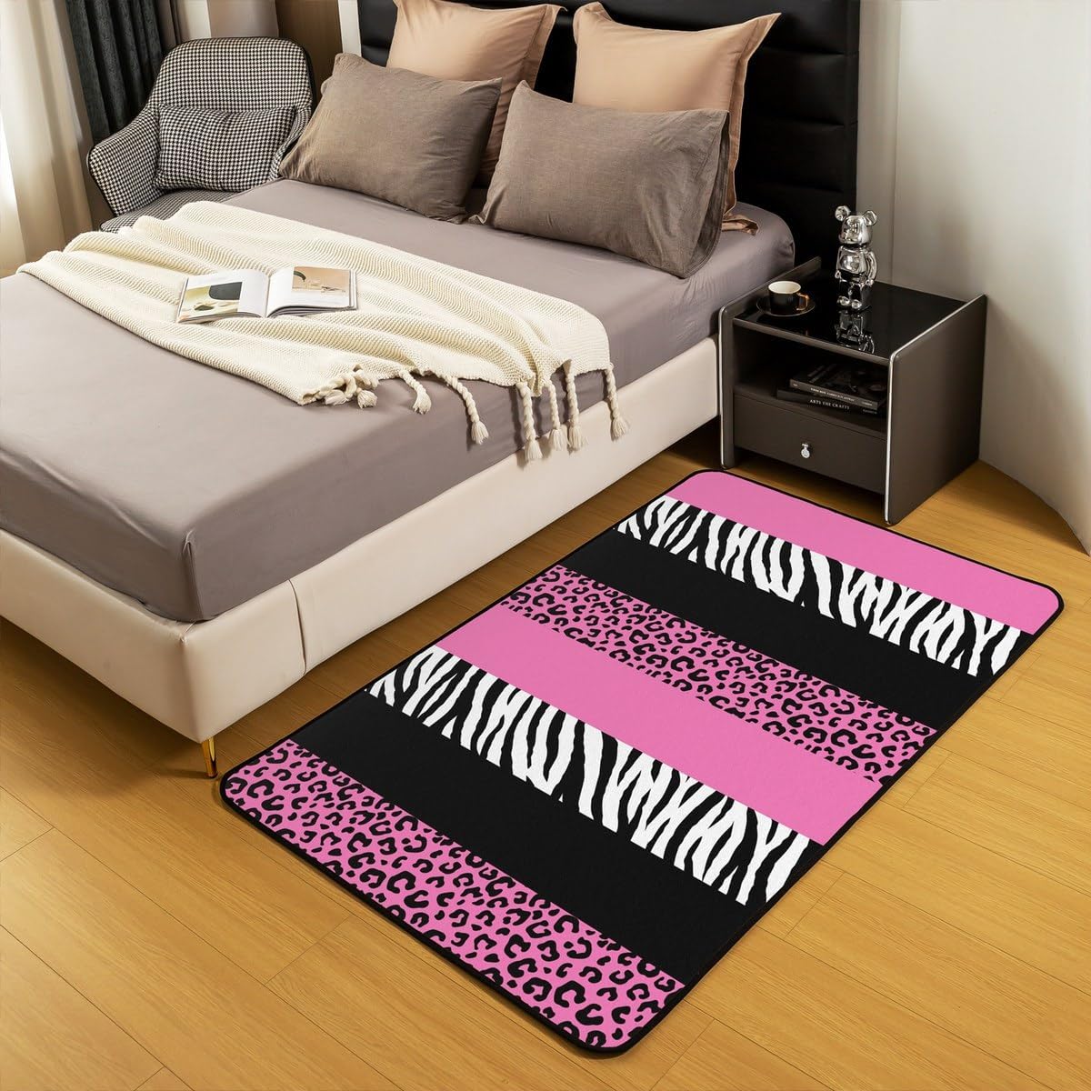 Castle Fairy Pink Leopard Print Area Rug 100cm X 150cm X 1cm Wild Animal Skin Print Girly Non Slip Rug for Living Room Black White Zebra Print Stripes Indoor Floor Mat for Bed Bedside Couch