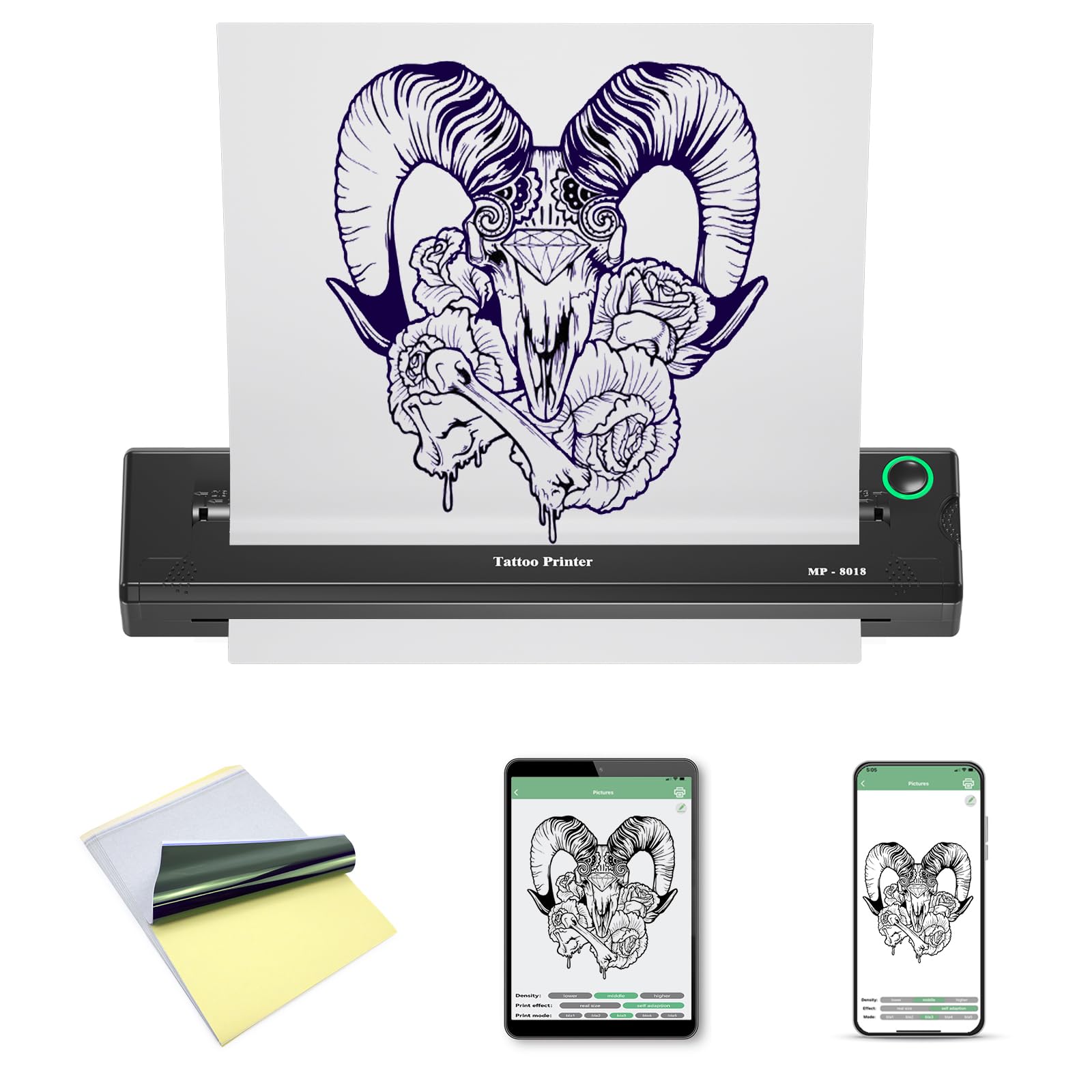 LIUMATE Termocopiadora Tattoo Bluetooth Impresora térmica con 15 Papel de Transferencia, Máquina de transferencia de tatuajes 2000mAh Impresora Tatuajes Compatible con Android y Ios