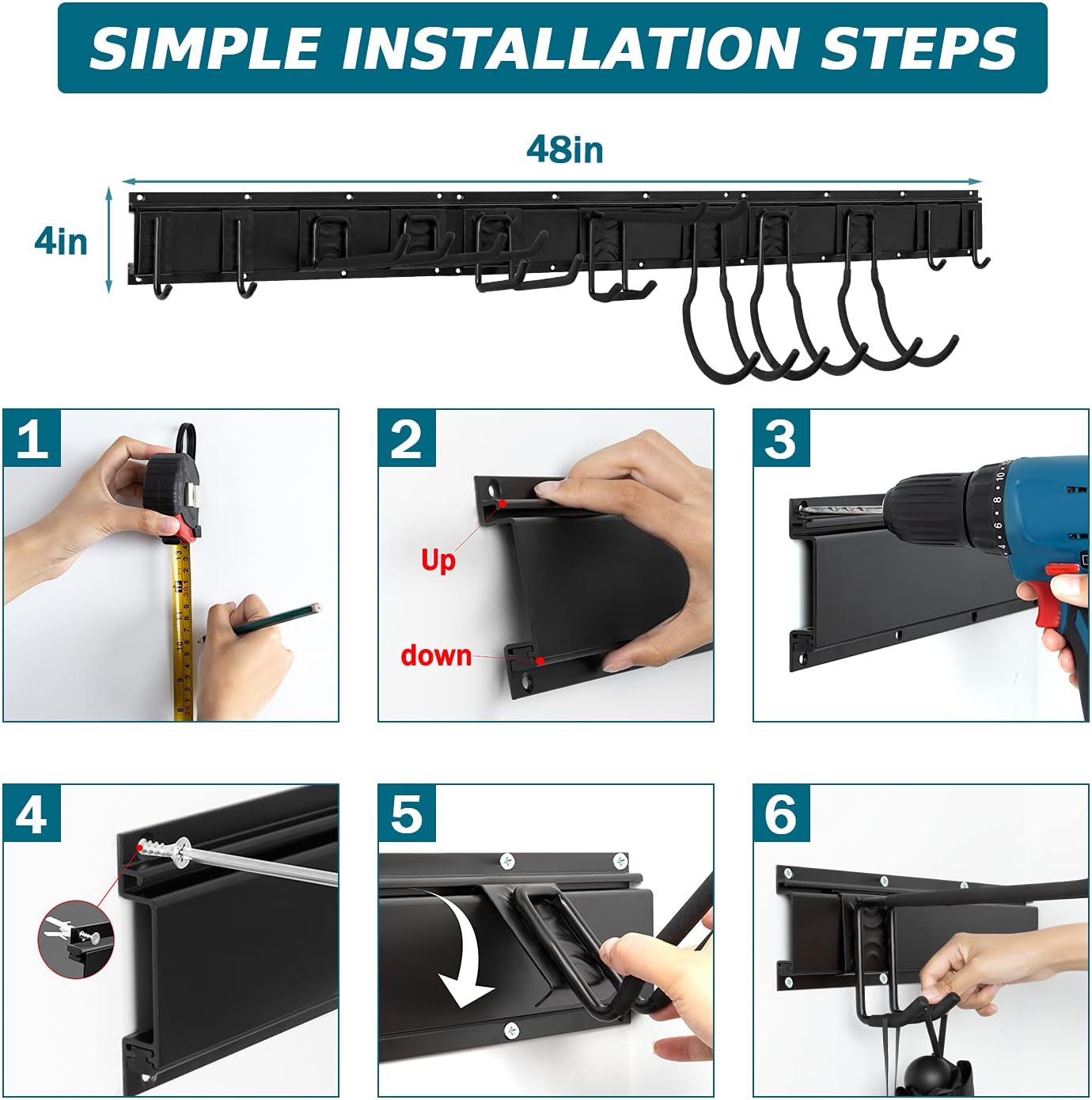 Garage Tool Organizer Wall Mount, 14 PCS Tool Storage Rack with 11 Adjustable Heavy Duty Storage Hooks, Aluminum Garden Tool Storage Racks 48 Inch, Hold Up to 850lbs: Home Improvement