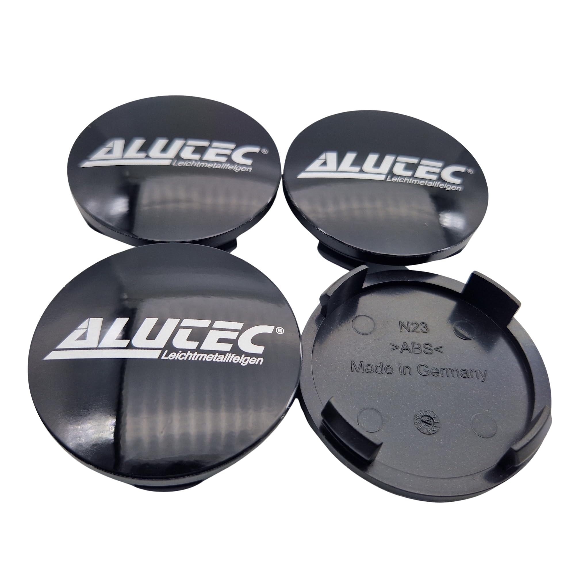 4 x Alutec dekielk piasty 60 mm, czarny połysk (N23), logo srebrne (ALF) – oryginalna dekielka na felgi/piasty/piastę