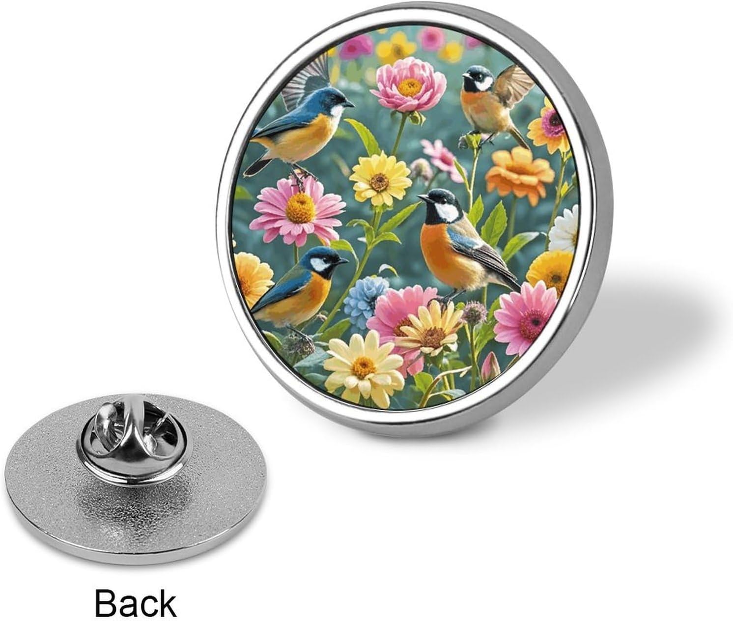 Round Lapel Pin Decorative Brooch Pins, Garden with Birds image 3