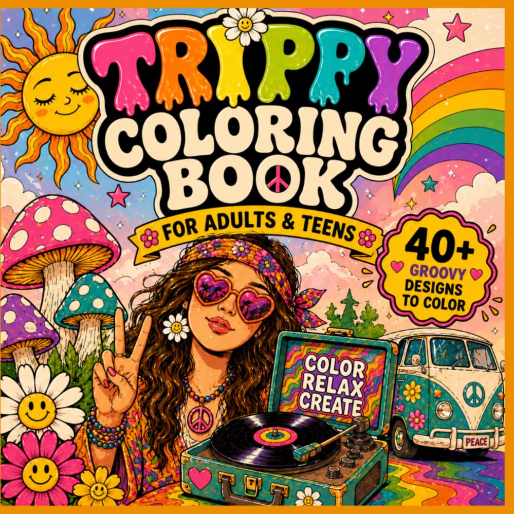 Trippy Coloring Book for Adults and Teens: Groovy Psychedelic Designs, Fun Retro Art, Bold Easy Pages, Relaxing Patterns and Stress Relief