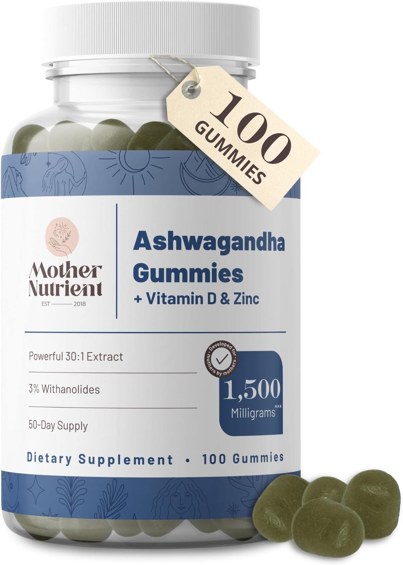 Mother Nutrient Ashwagandha Gummies Vitamins for Adults 1,500mg of Pure Withania Somnifera Root Per Serving — Added Vitamin D and Zinc — 50-Day Supply (100 Gummy Chewables)