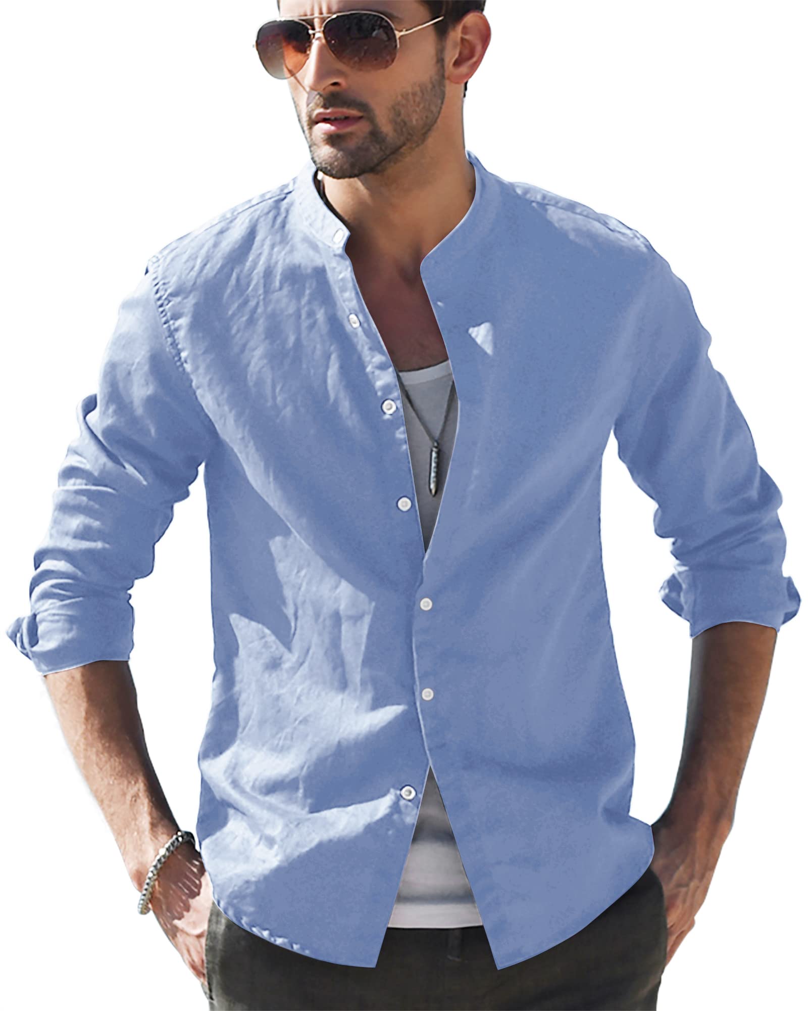 LVCBL Henley Shirt Herren Langarm Herren Leinenhemd Freizeithemd Himmelblau M