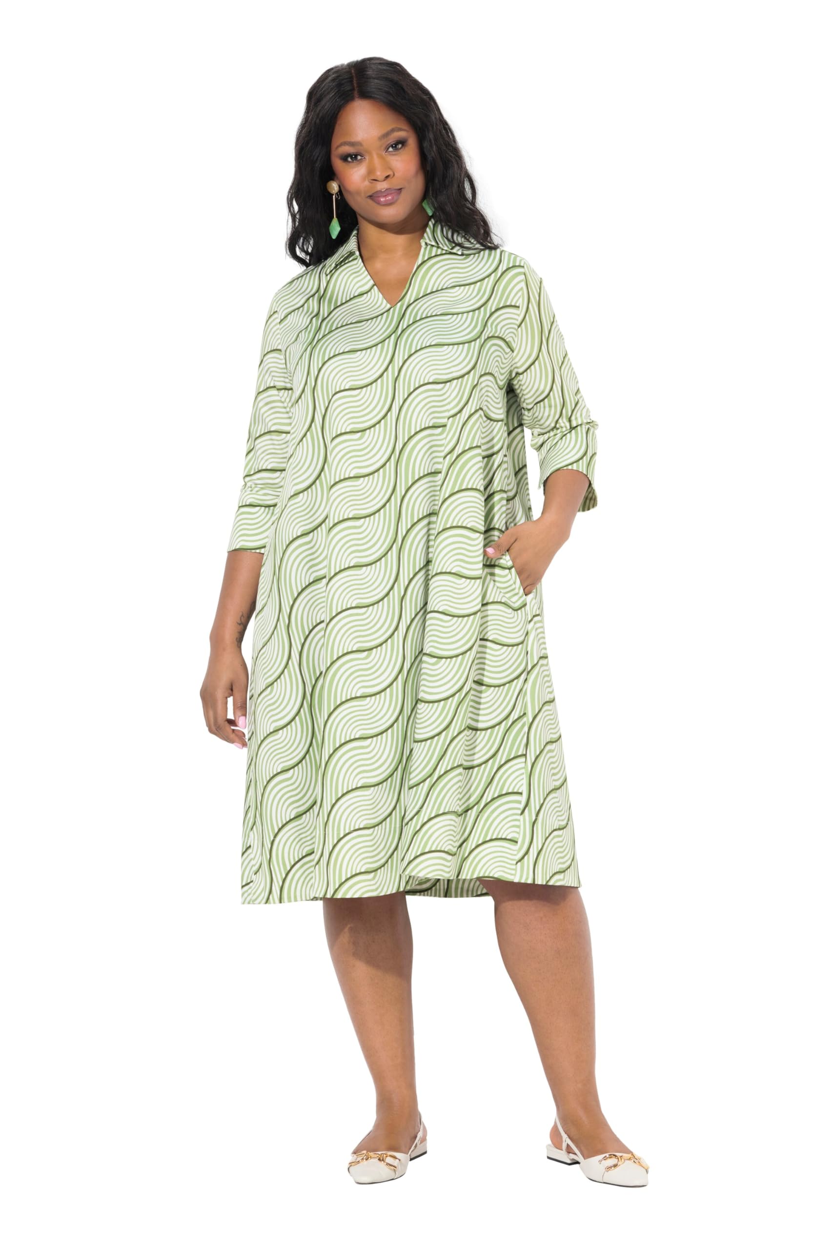 Ulla Popken Damen große Größen Übergrößen Plus Size Kleid, A-Linie, Hemdkragen, 3/4-Arm, Taschen 837740