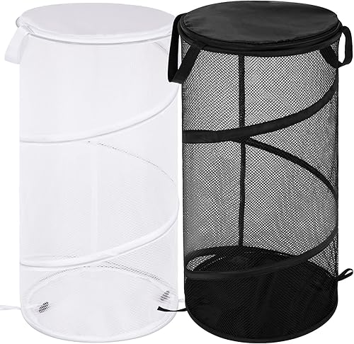 BATTOO Paquete de 2 cestas plegables grandes para la ropa sucia con tapa, cesta plegable de malla desplegable con asas para lavandería, baño,